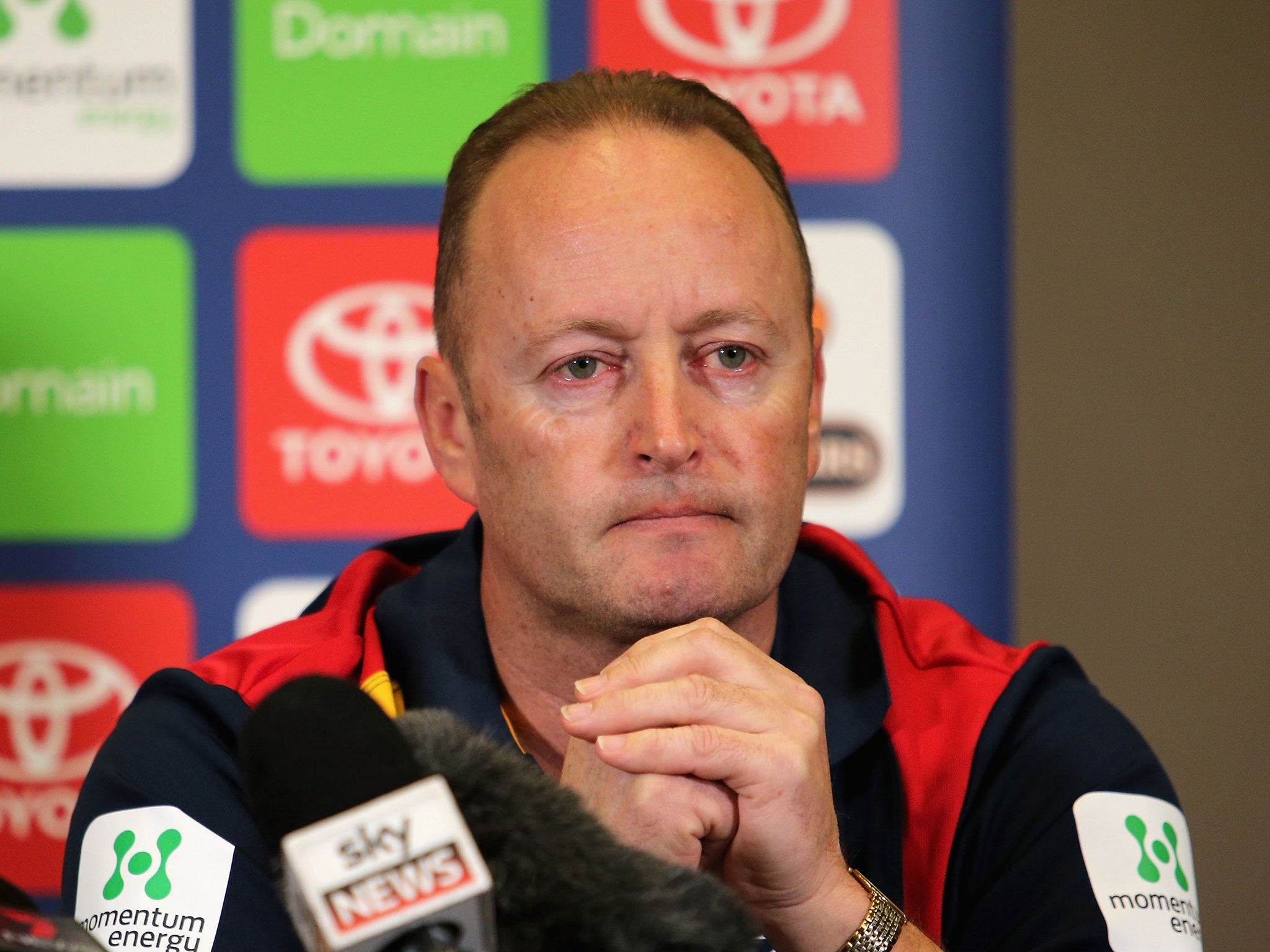 Adelaide Crows chairman Rob Chapman at a press conference following Walsh's death