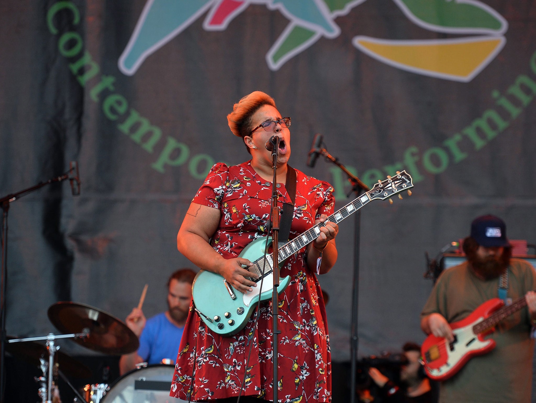 Britt Howard of Alabama Shakes performing on the Pyramid Stage, Glastonbury