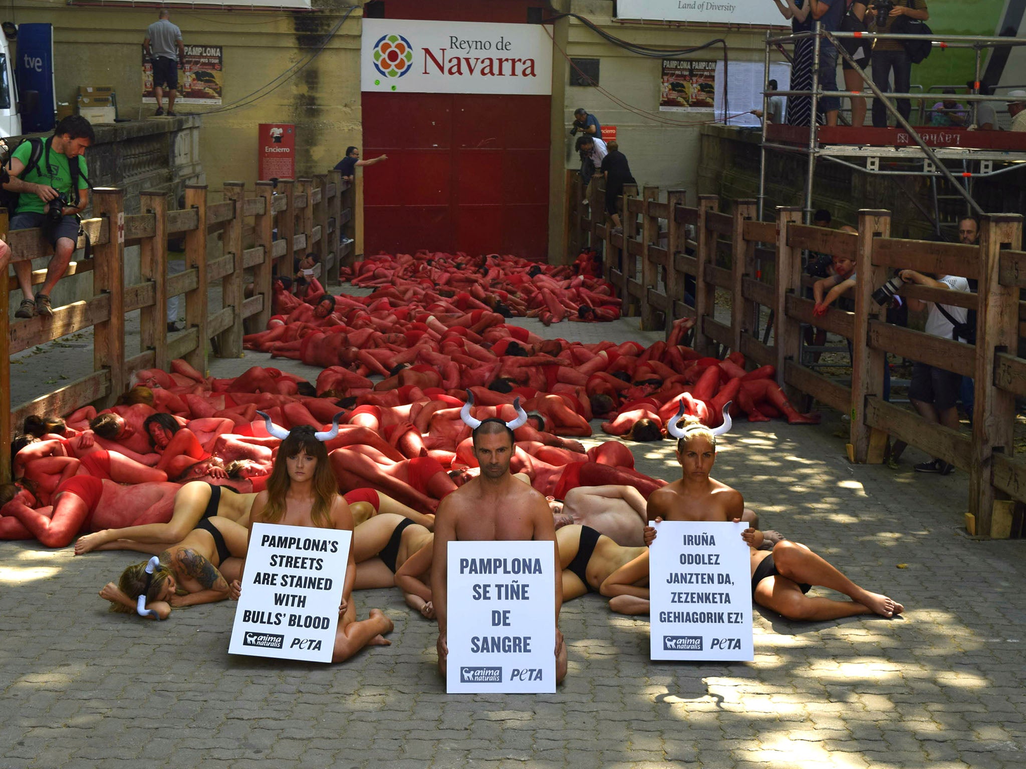 More than 100 protestors gathered outside the bull ring for the stunt