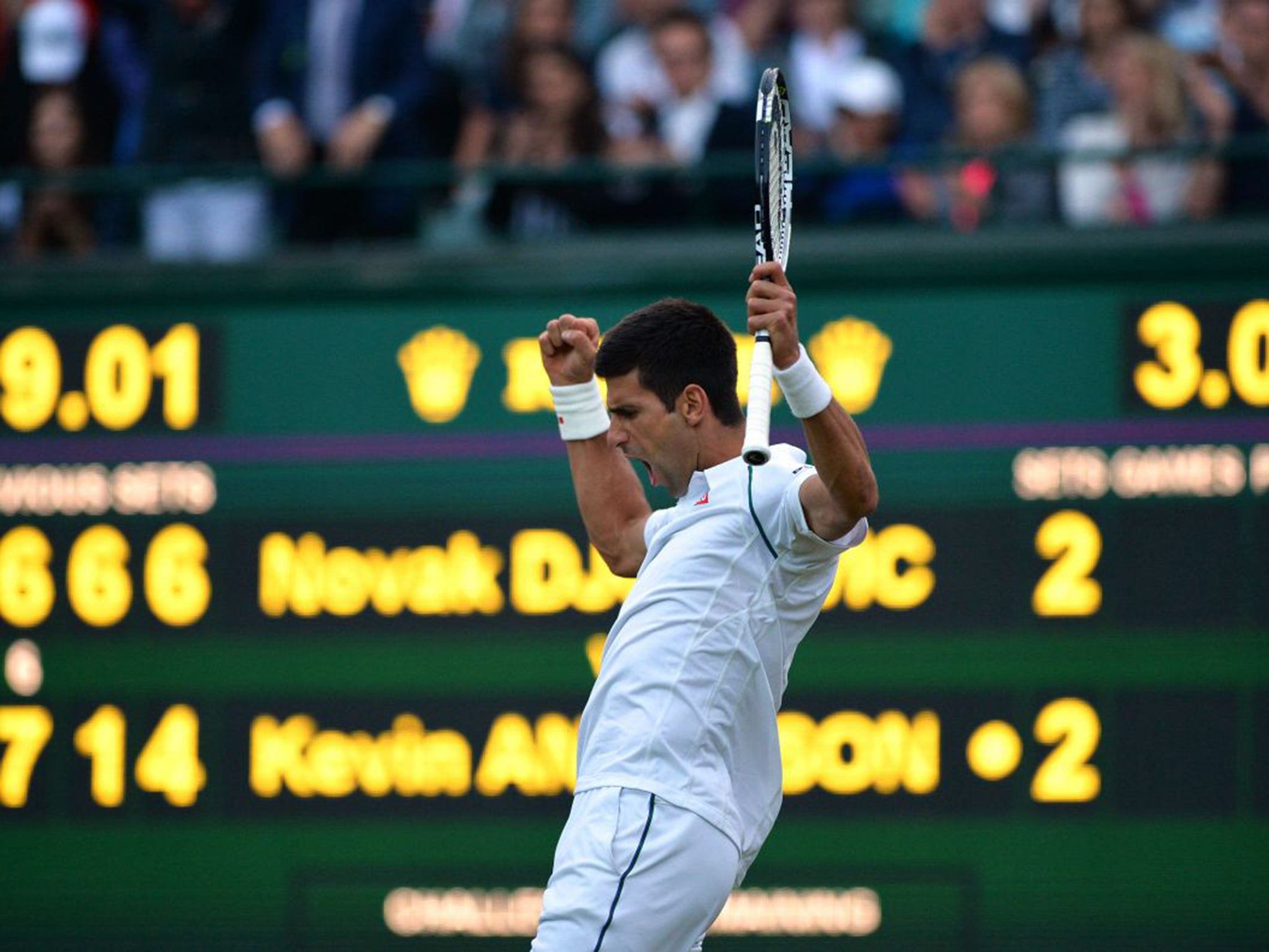 Novak Djokovic celebrates levelling the score against Kevin Anderson. The match was suspended due to poor light, and will resume on Tuesday.