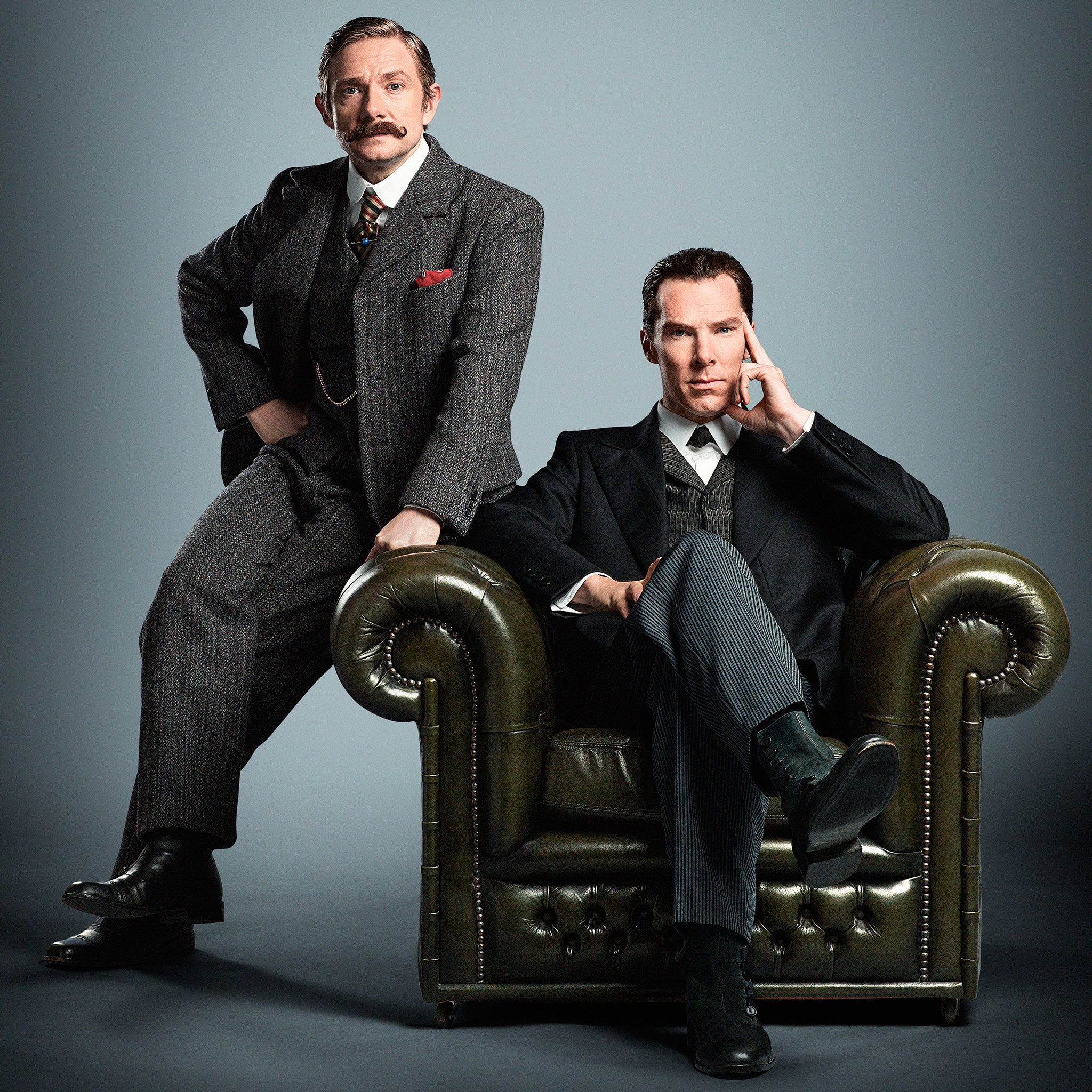 Martin Freeman and Benedict Cumberbatch in period costume as Dr Watson and Sherlock Holmes for the new Sherlock special