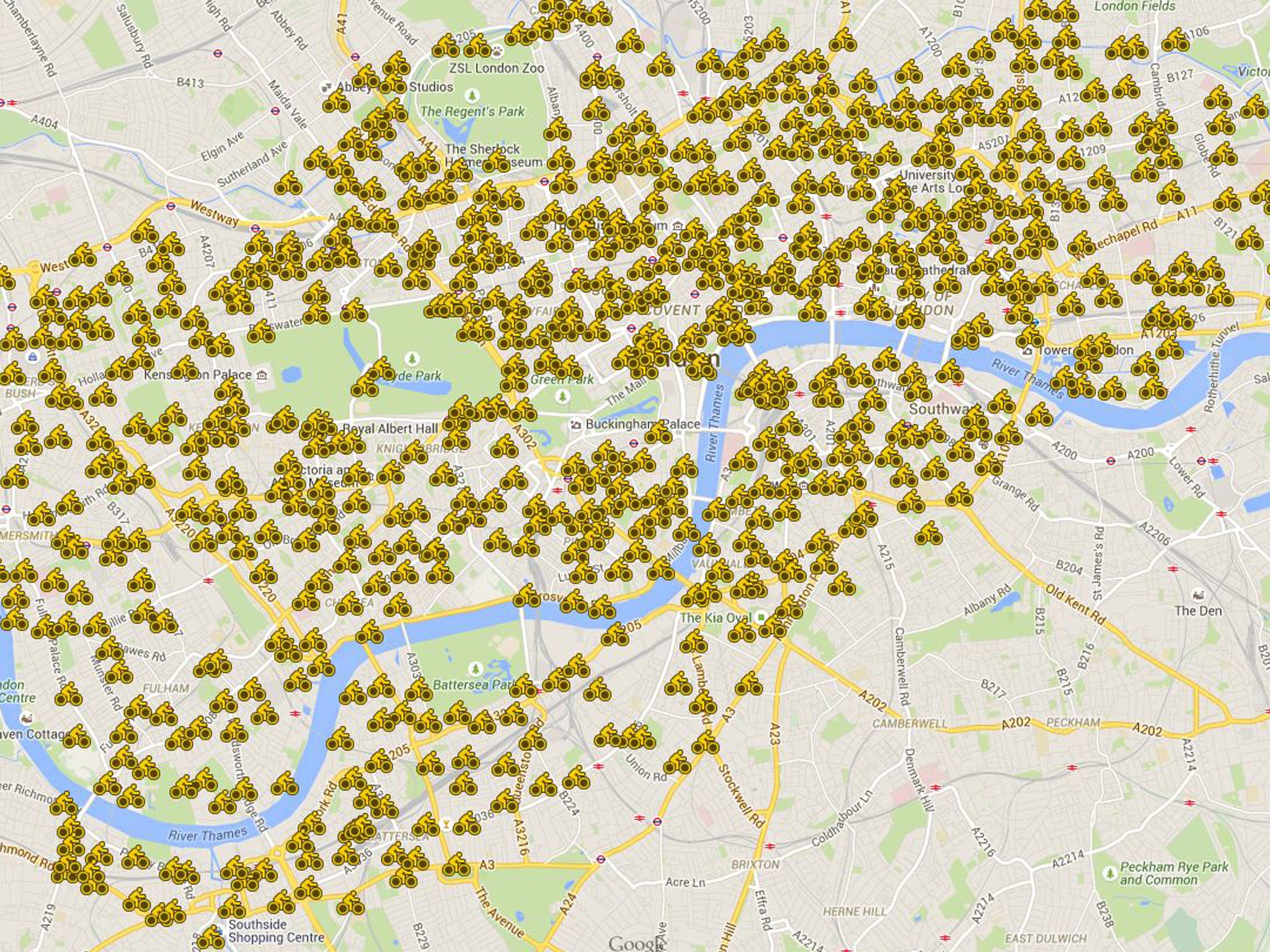 A map of TfL's public hire bicycle scheme stations across London.