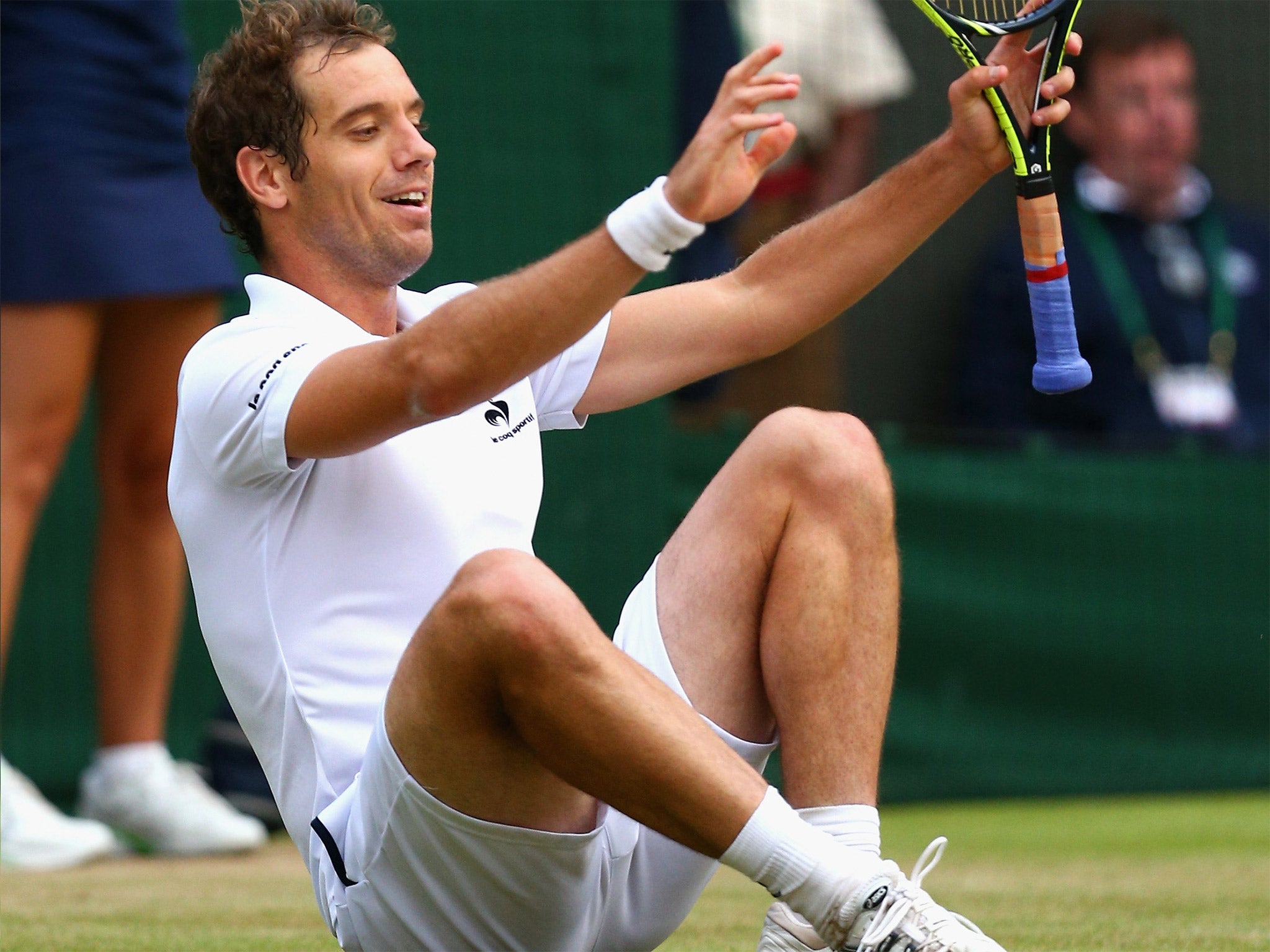 Richard Gasquet celebrates reaching the semi-finals after beating Stanislas Wawrinka