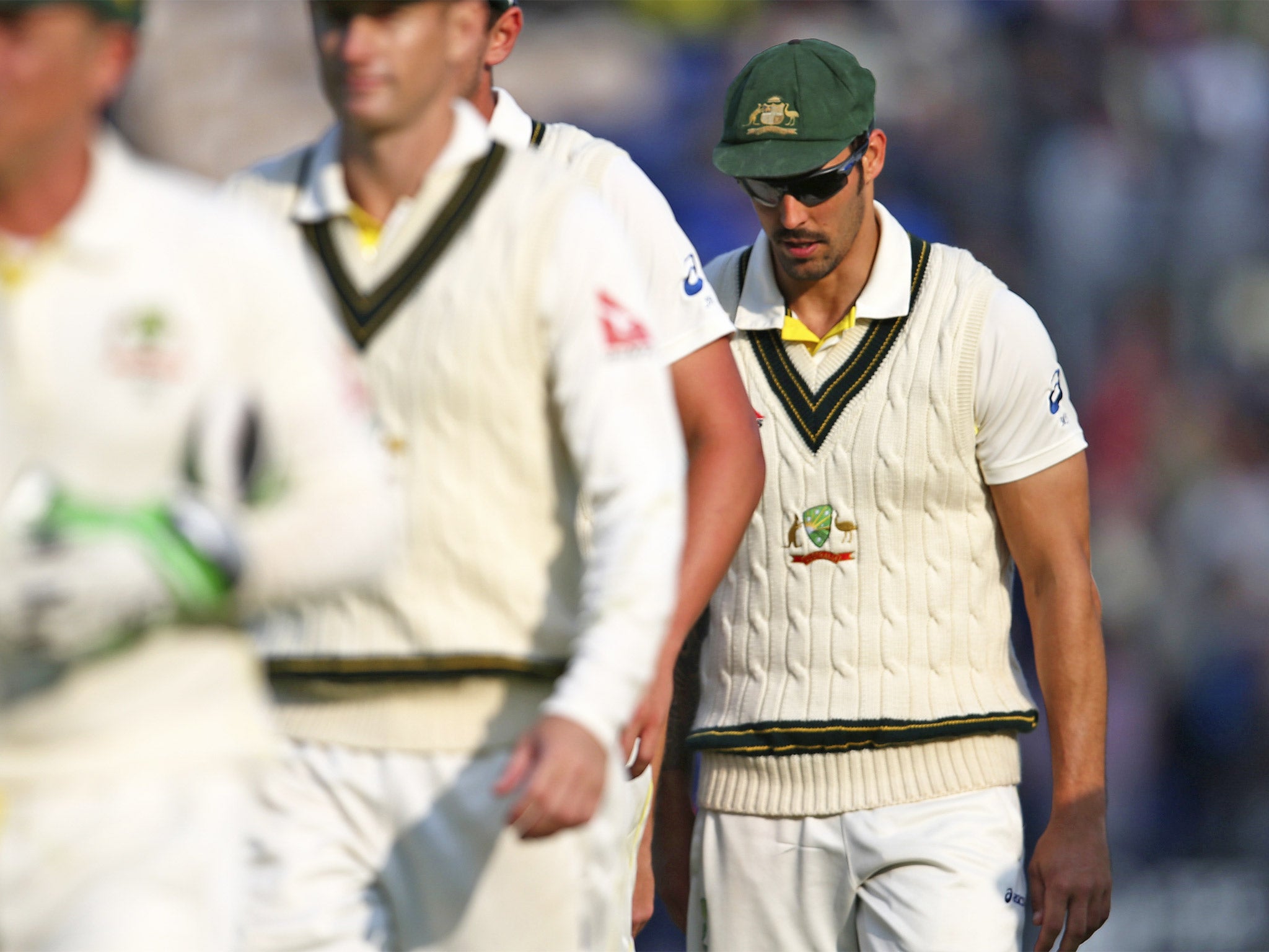 Mitchell Johnson walks off the ground at stumps