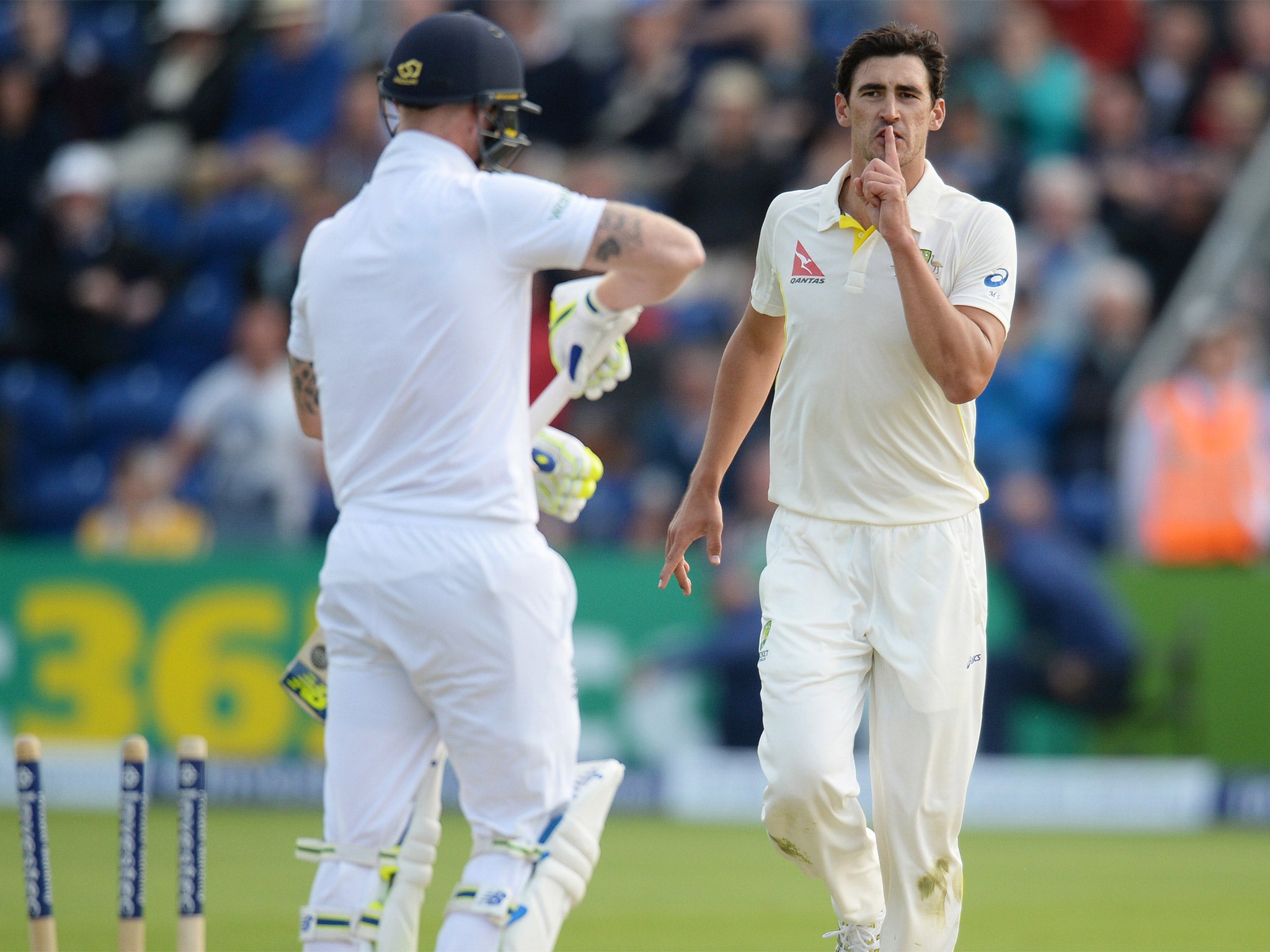 Australia’s Mitchell Starc shushes towards Ben Stokes after taking his wicket