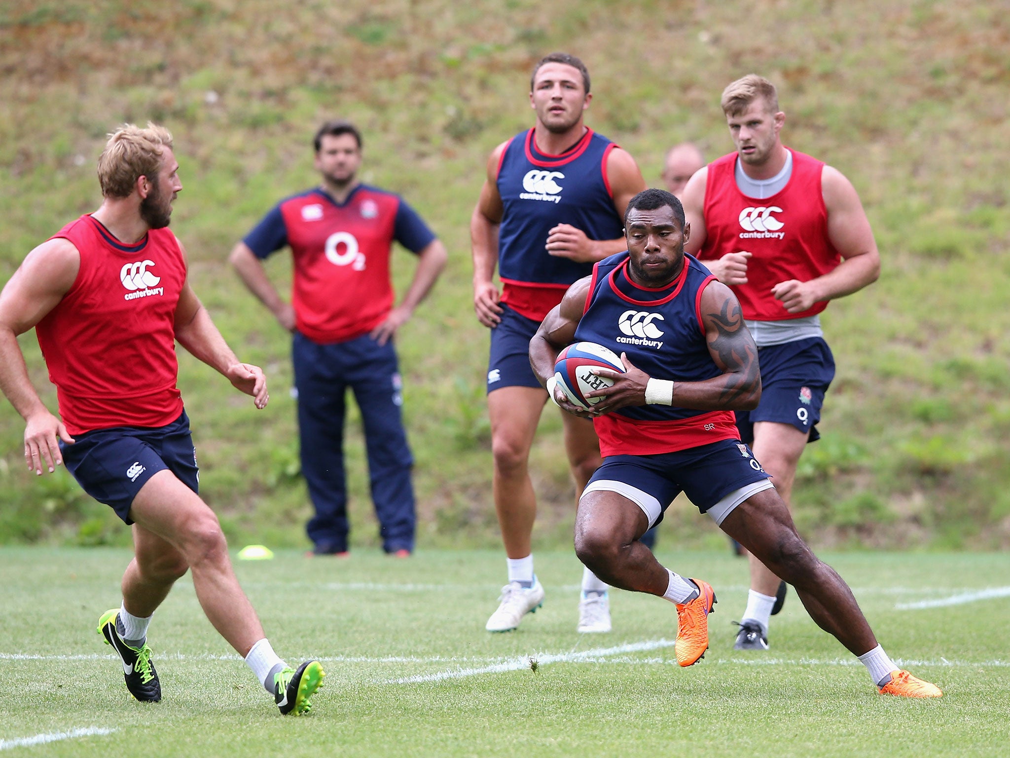 Semesa Rokoduguni runs with the ball during England training at Pennyhill Park on Wednesday