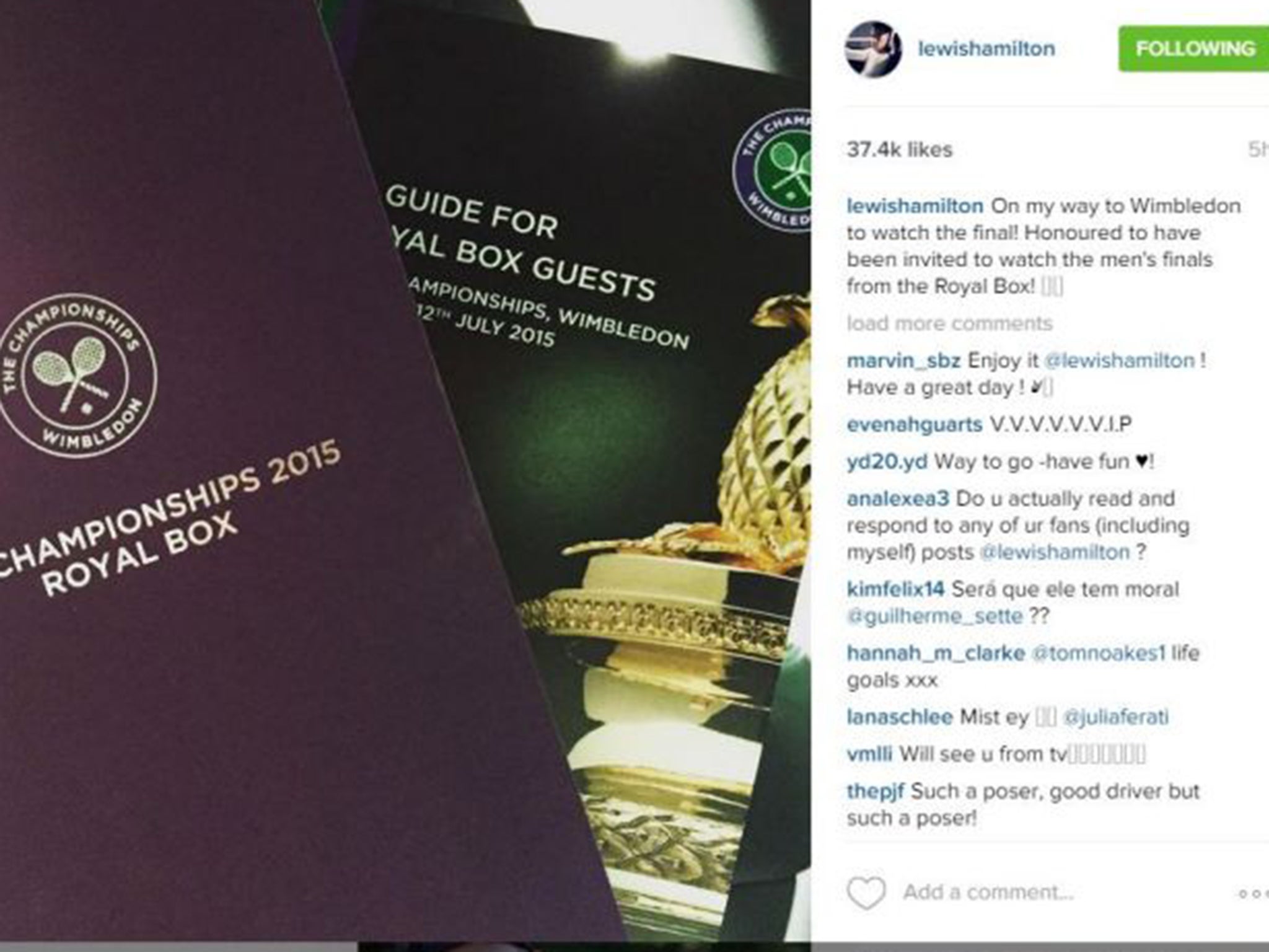 Lewis Hamilton posted a photograph of his Wimbledon invitation on Instagram