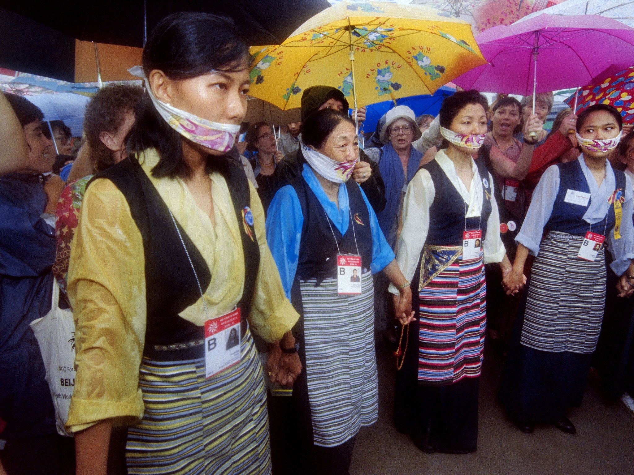 Tibetan women protest at the 30th anniversary of the founding of the Chinese controlled Tibet Autonomous Region