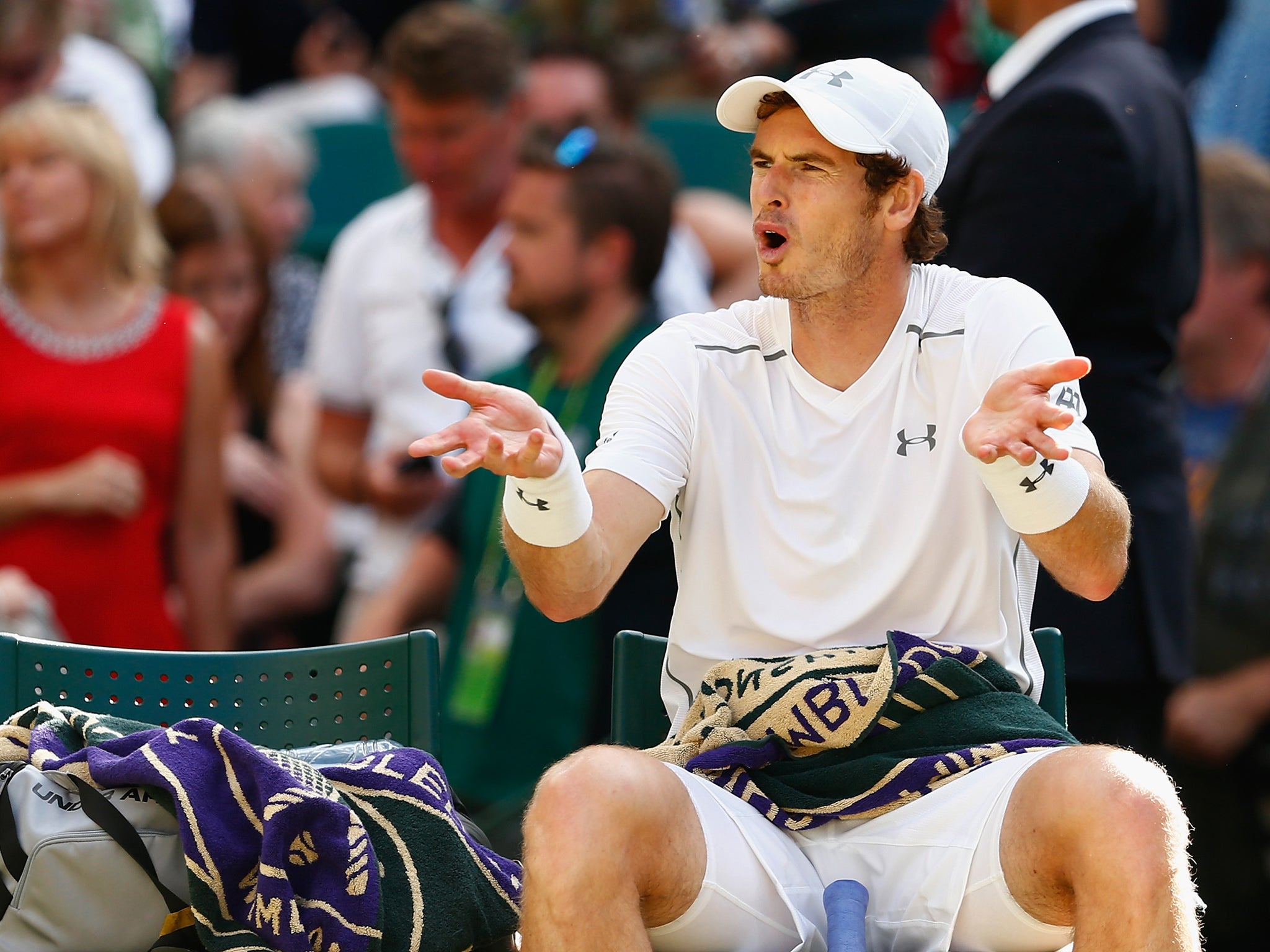 Andy Murray of Great Britain shows his frustration during the Gentlemens Singles Semi Final match against Roger Federer of Switzerland during day eleven of the Wimbledon Lawn Tennis Championships at the All England Lawn Tennis and Croquet Club in London.