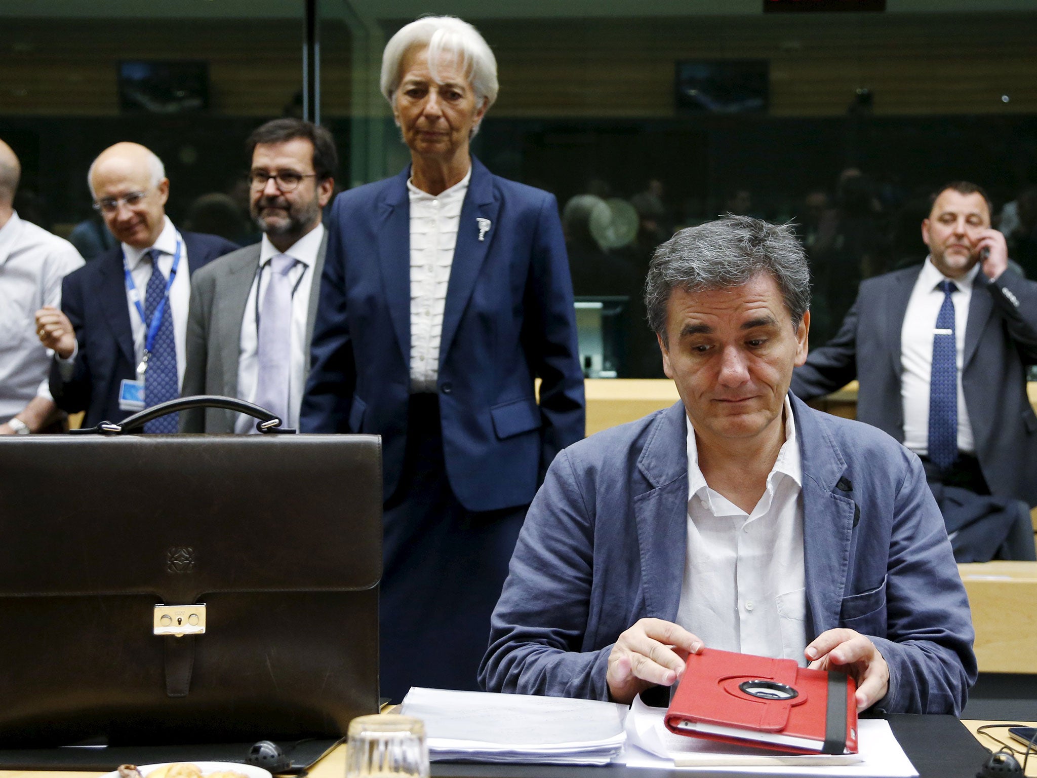 The Greek Finance Minister Euclid Tsakalotos and International Monetary Fund head Christine Lagarde at the meeting