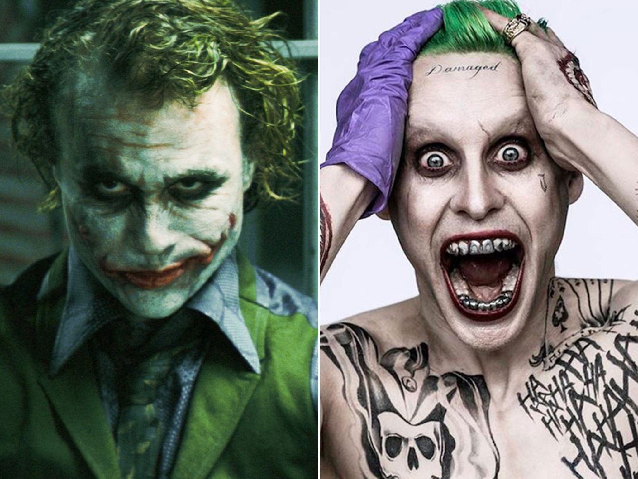 Heath Ledger as the Joker in The Dark Knight and Jared Leto in Suicide Squad