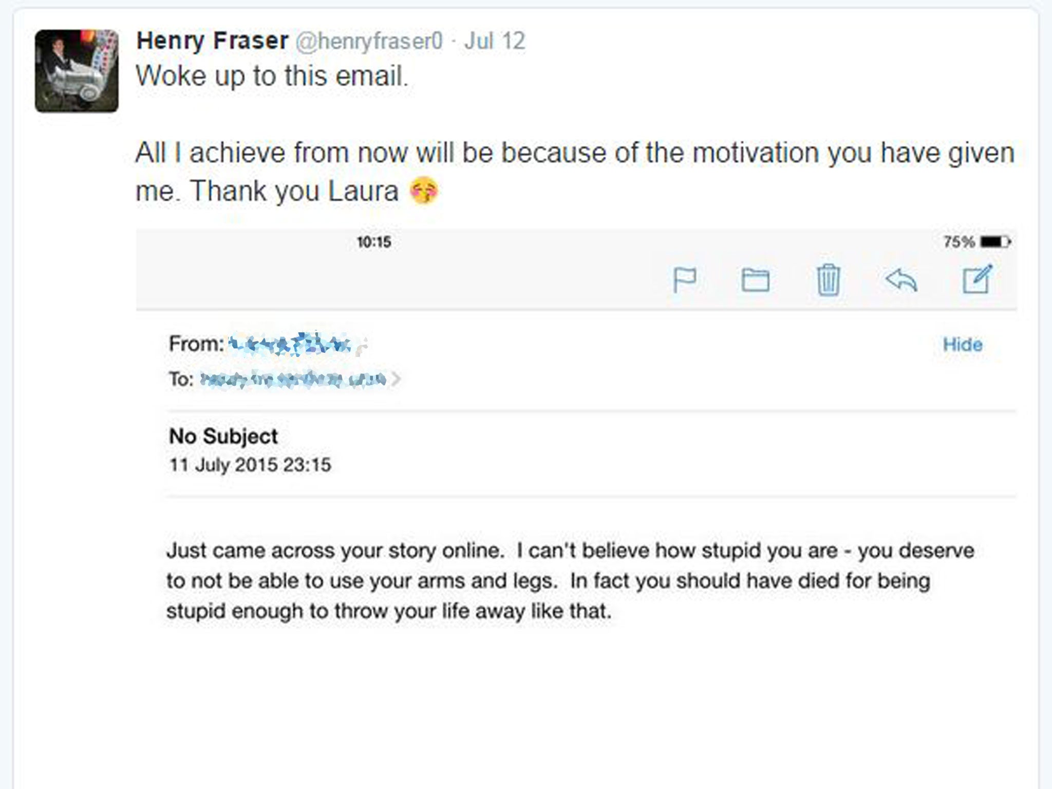 The tweet showing the email Fraser woke up to
