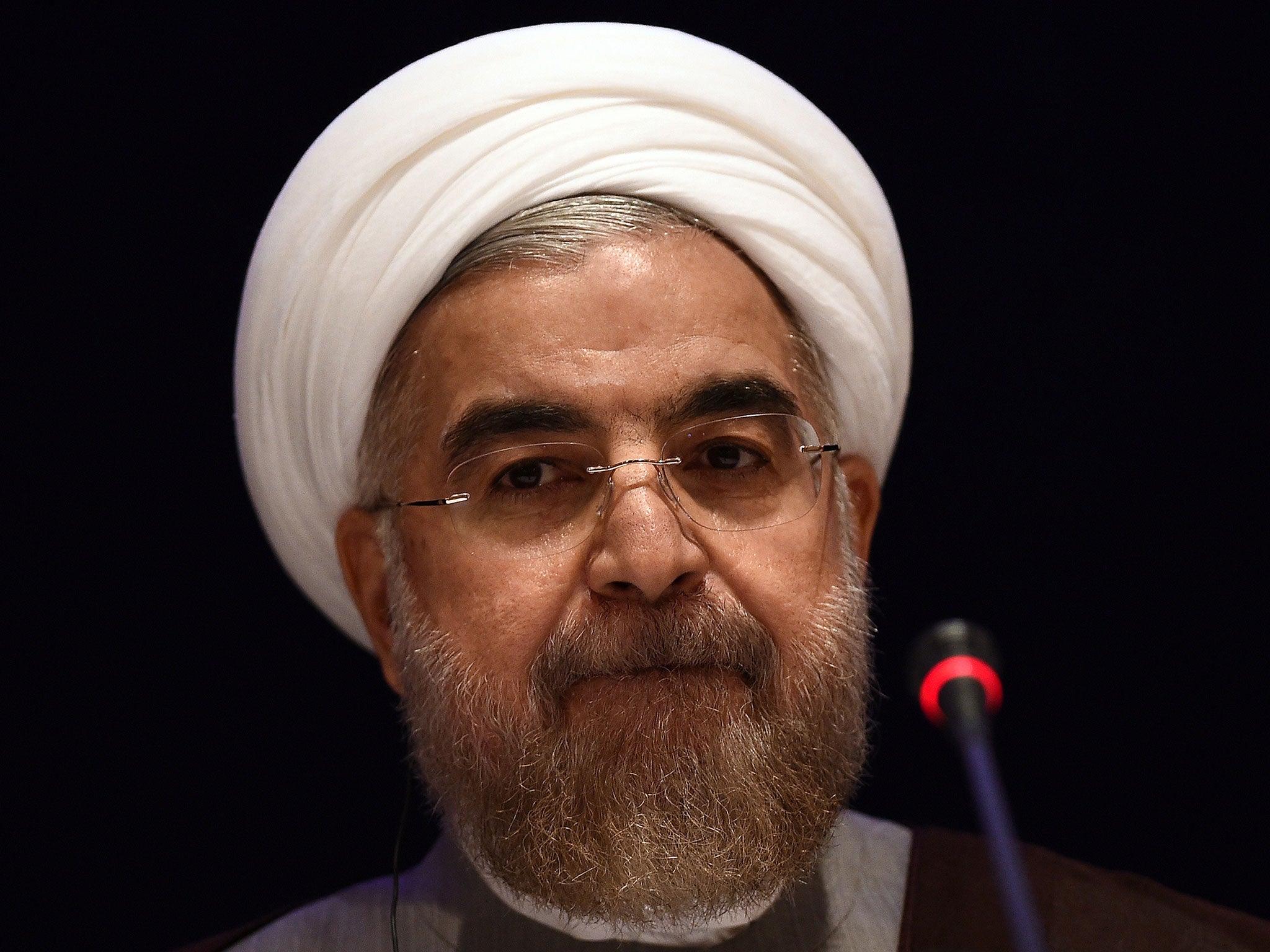 Iranian President Hassan Rouhani speaks during press conference in New York on September 26, 2014.