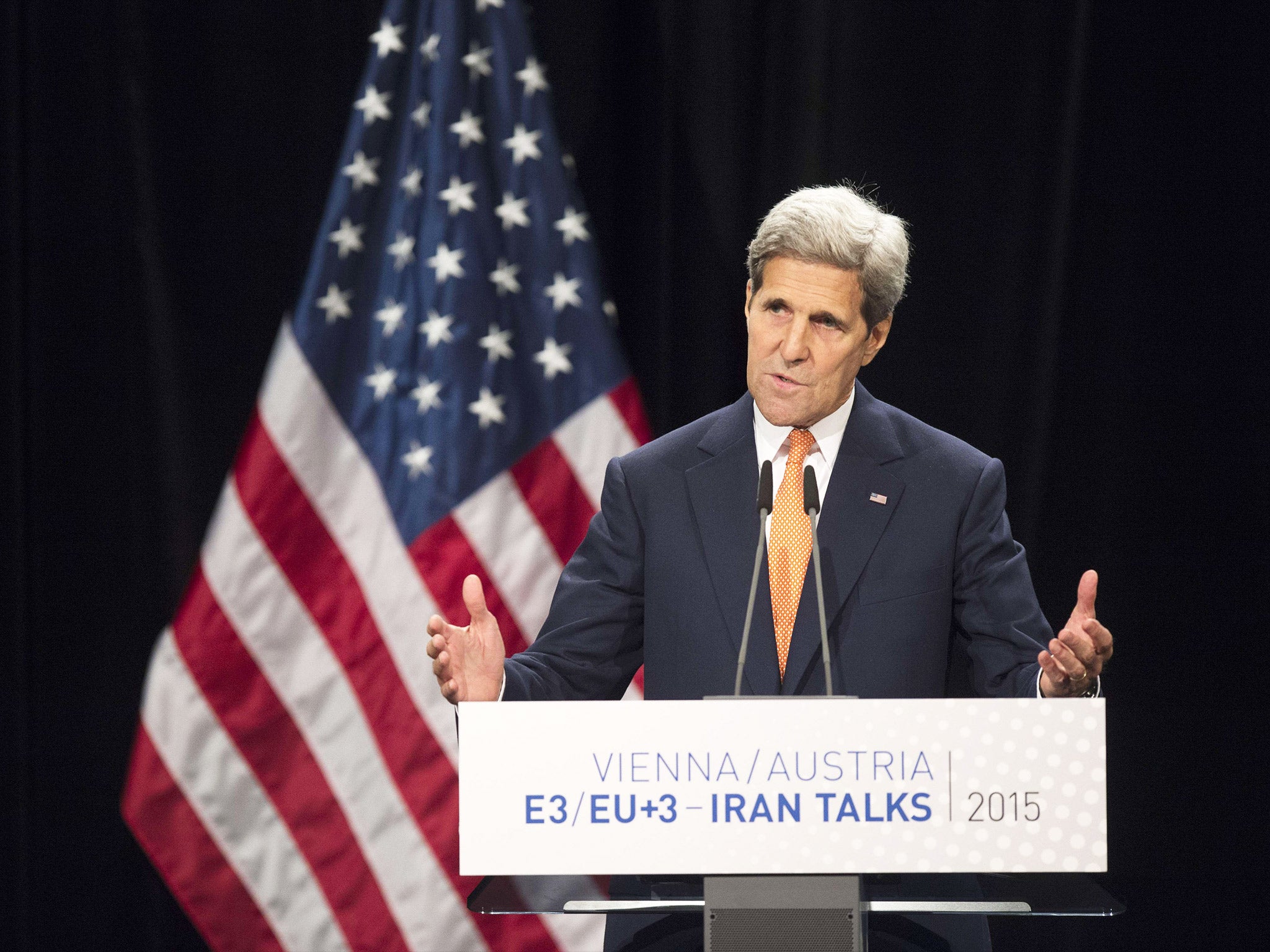 US Secretary of State John Kerry speaking at the Vienna International Center