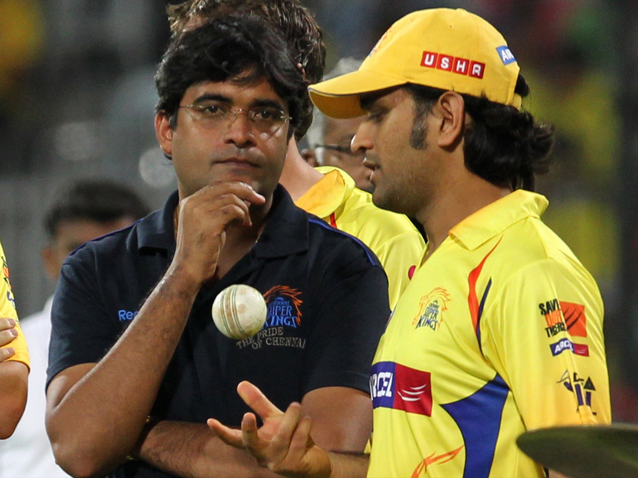 Chennai Super Kings' owner Gurunath Meiyappan, talking with MS Dhoni in 2012