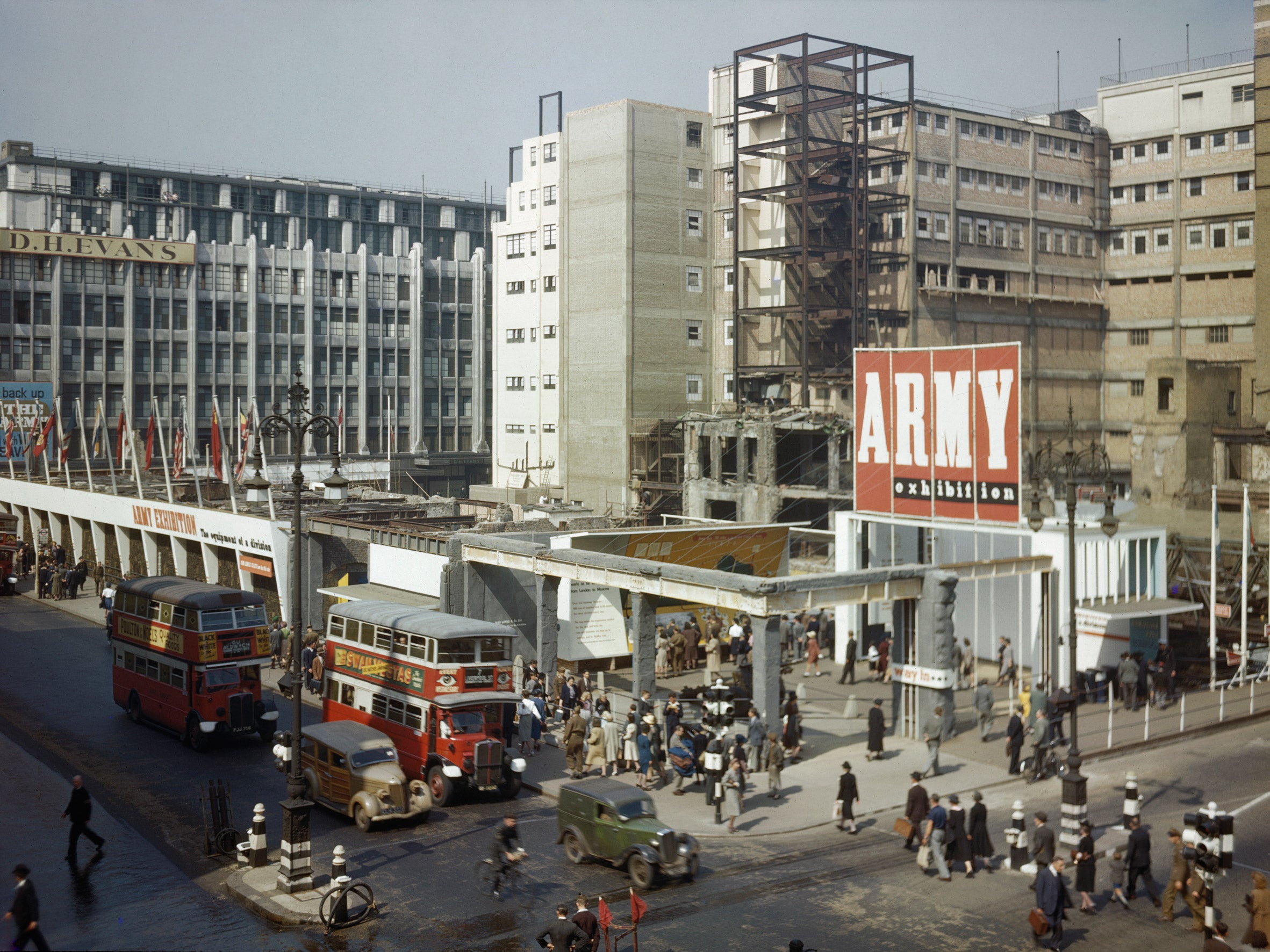 The bombed site of John Lewis, Oxford Street, London, which was used for the Army exhibition