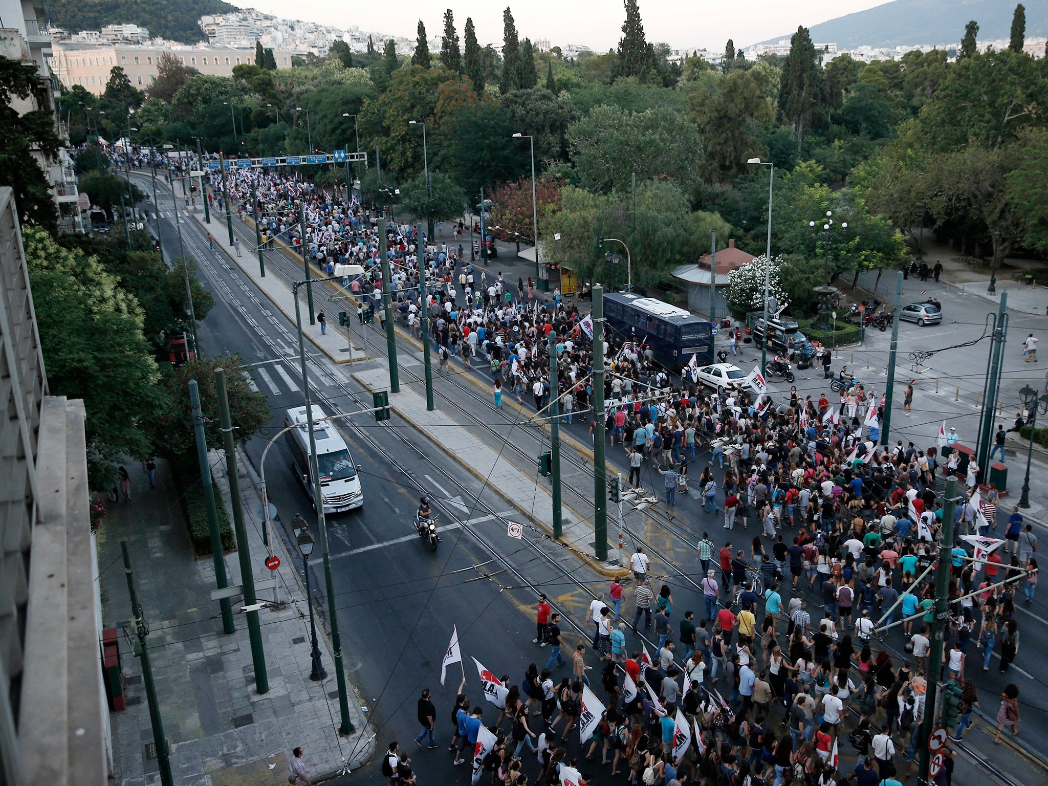 Members of the Communist-affiliated PAME labor union march during an anti-austerity rally