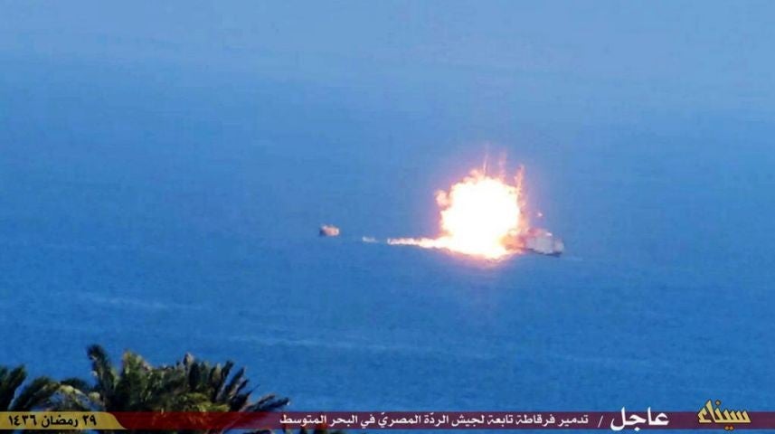 One of the images released apparently shows a large explosion rocking the Egyptian military ship. Despite the scale of the attack, the Egyptian military has said that no servicemen were killed.