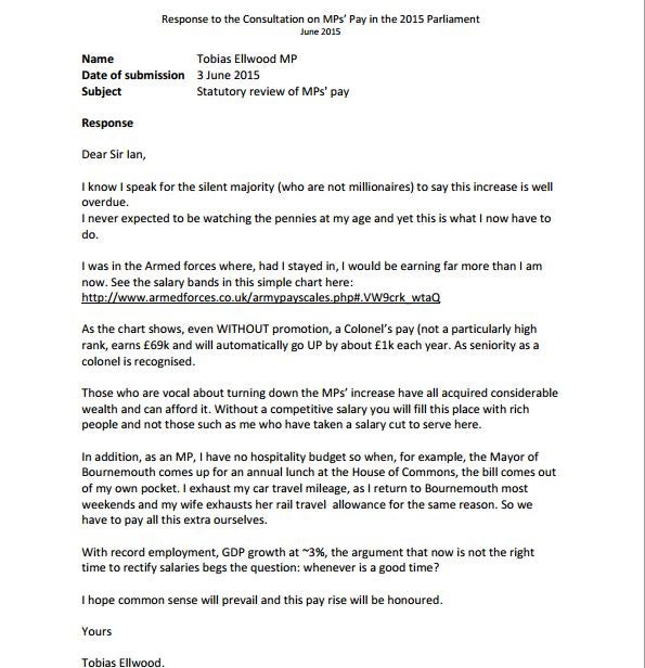 The letter Tobias Ellwood wrote to Ipsa backing the 10 per cent pay rise for MPs