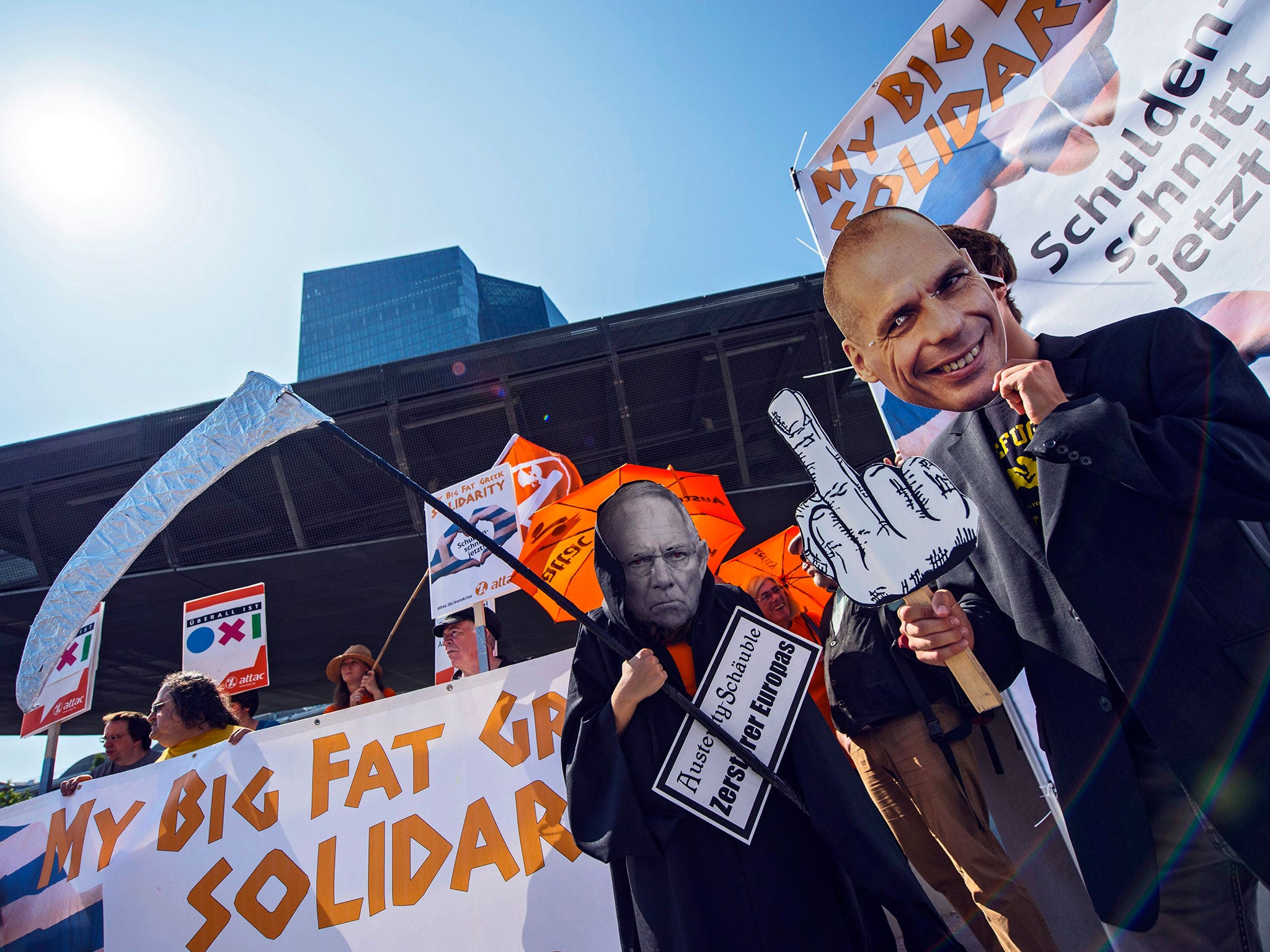 Anti-globalisation activists campaigning outside the ECB building in Frankfurt