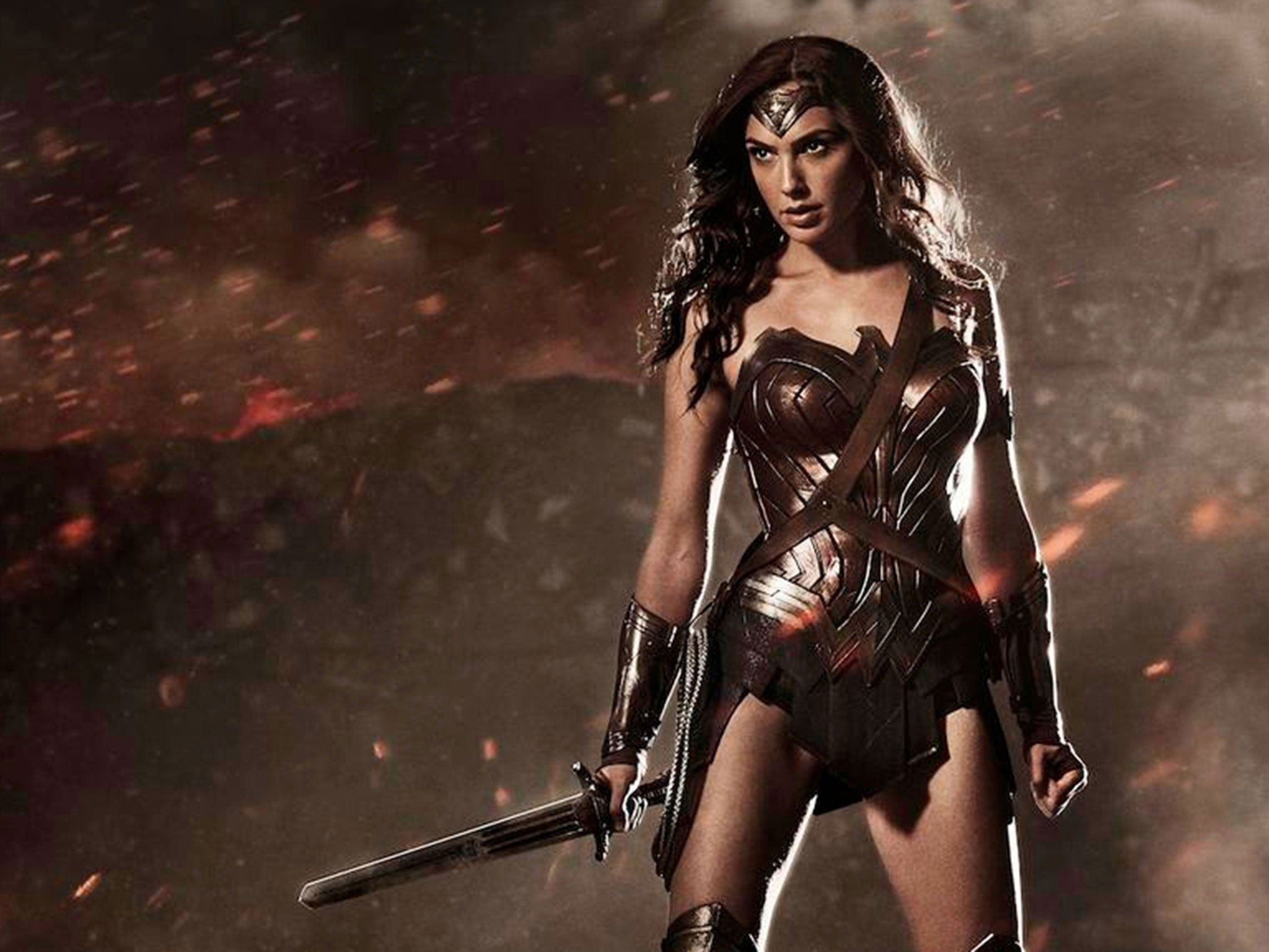 Gal Gadot looking fierce in full costume as Wonder Woman