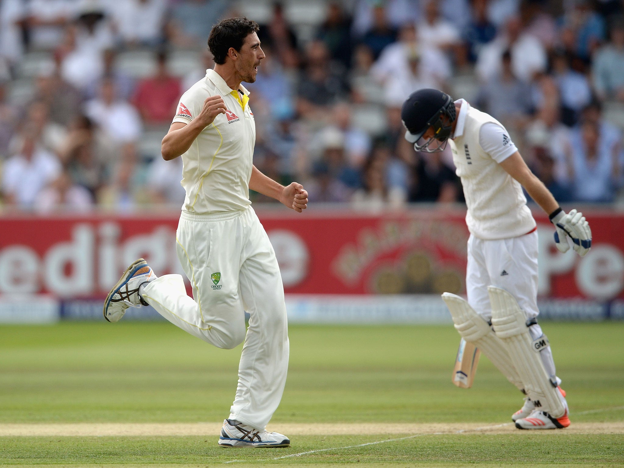 Mitchell Star celebrates the wicket of Adam Lyth with the second ball of the innings