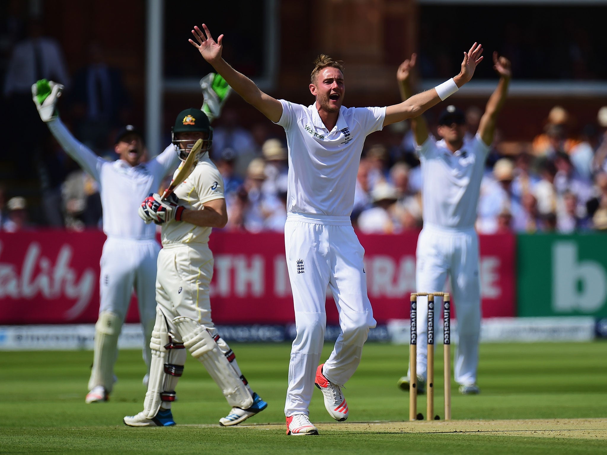 Stuart Broad of England appeals unsucessfully during day two of the 2nd Investec Ashes Test match between England and Australia