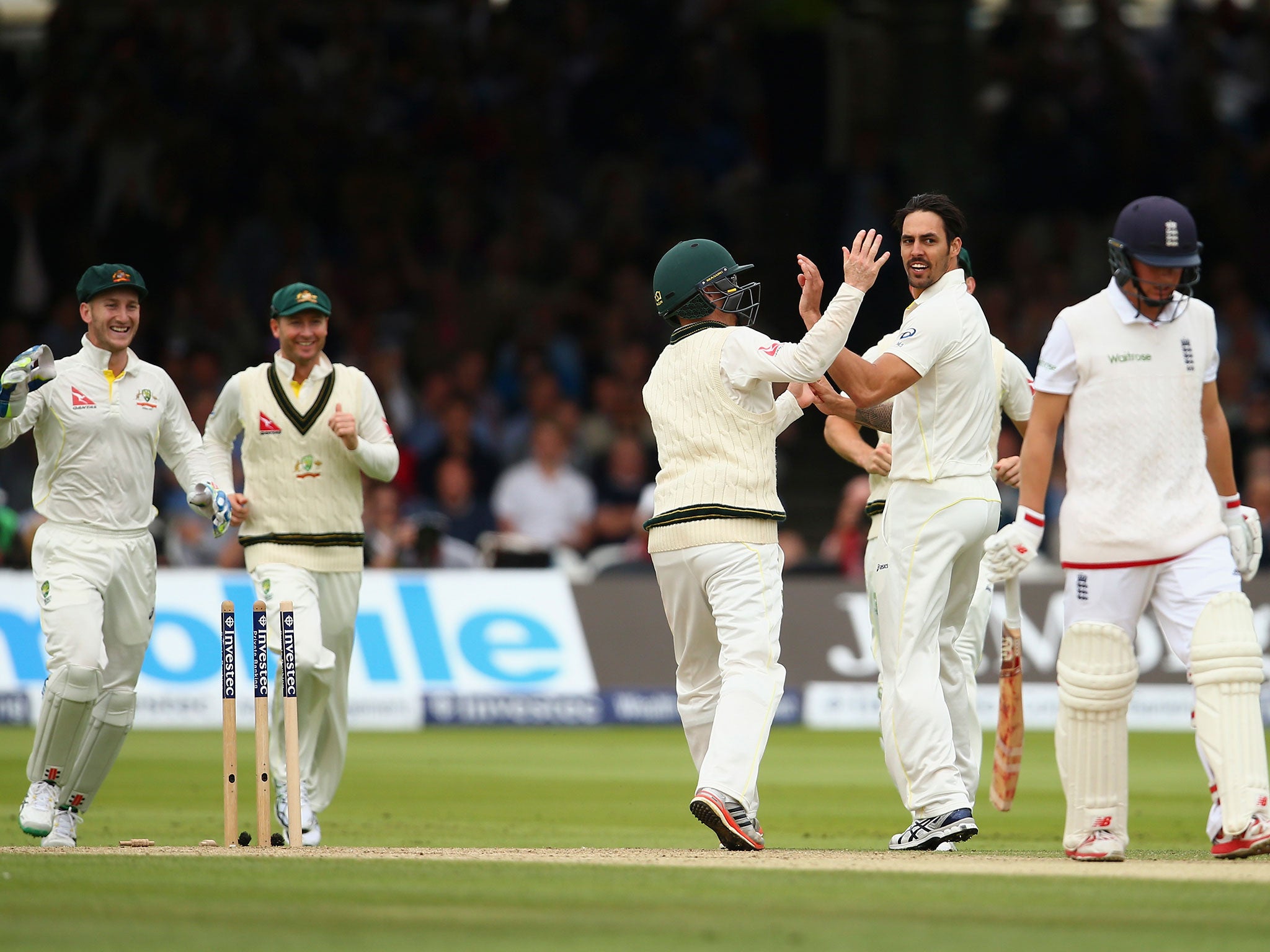 Mitchell Johnson celebrates the dismissal of Gary Ballance