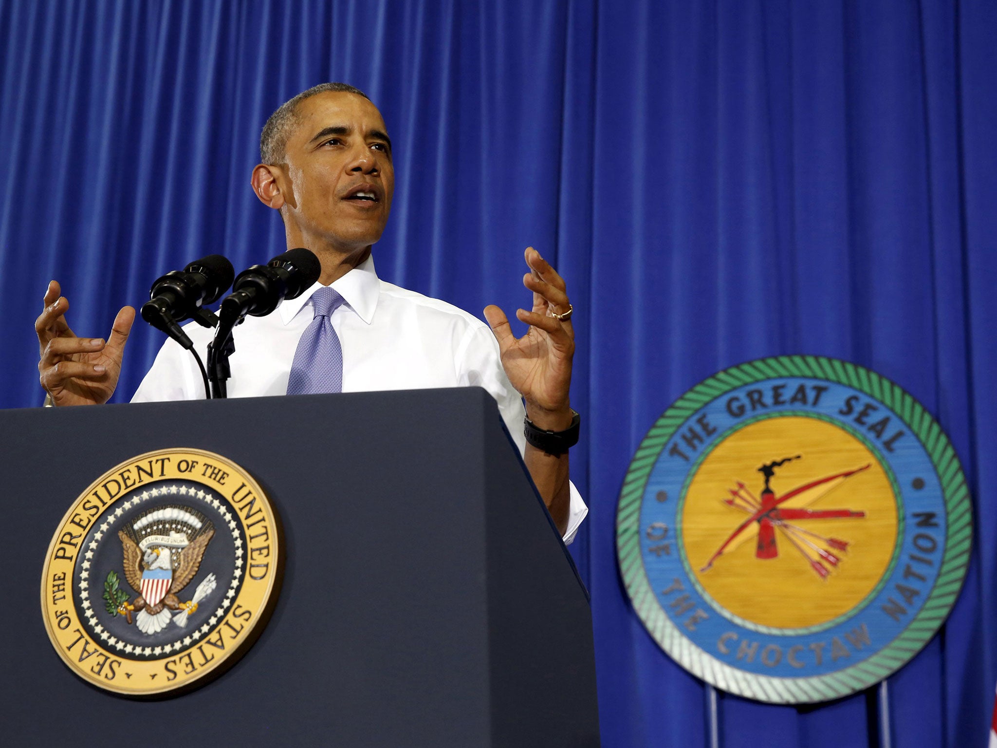 U.S. President Barack Obama speaks on expanding economic opportunity for communities across the country during a visit to the Choctaw Nation in Durant, Oklahoma