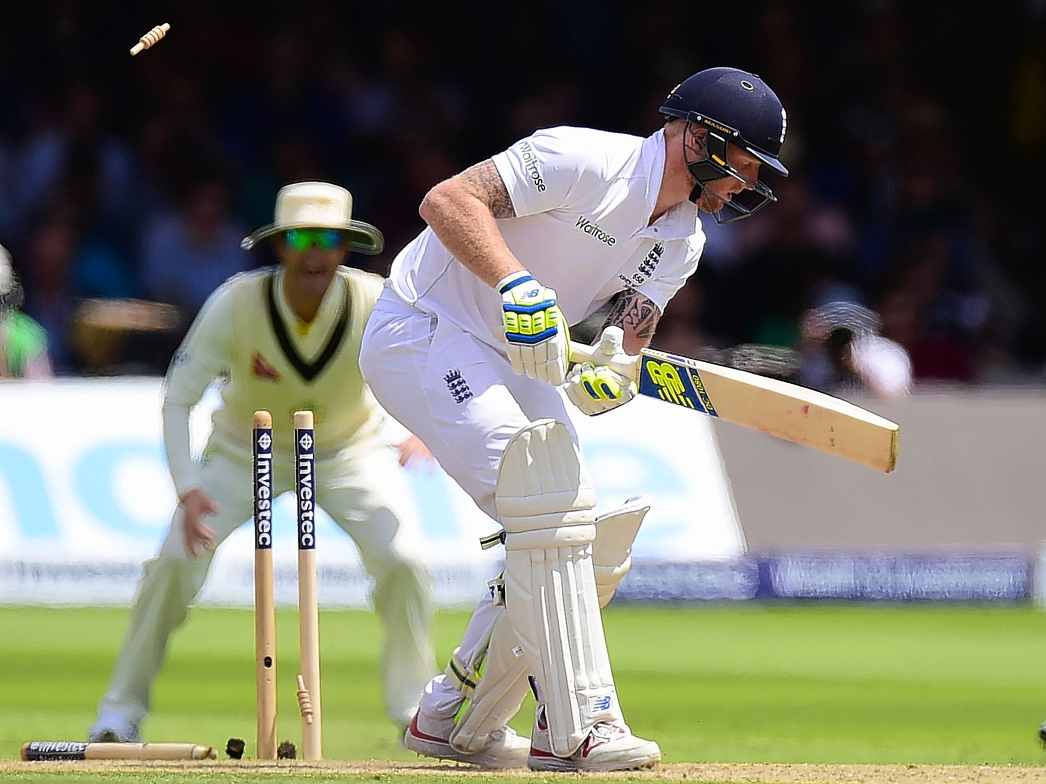 Ben Stokes plays on to his stumps