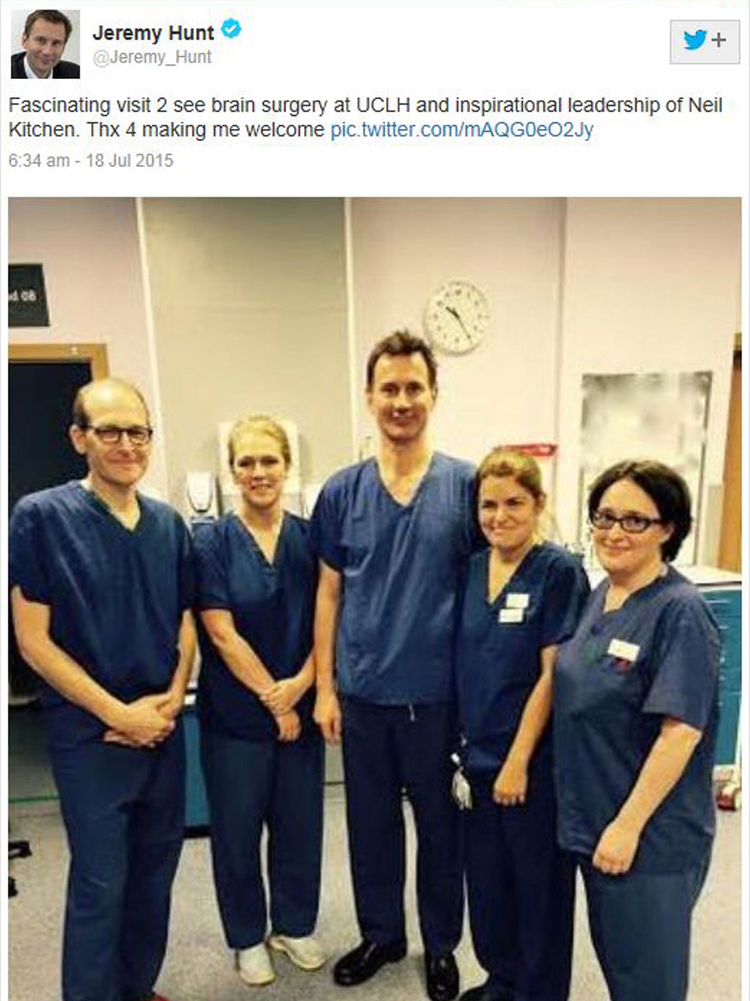 The offending photo (patient details have been blurred out) appeared on Jeremy Hunt's Twitter feed