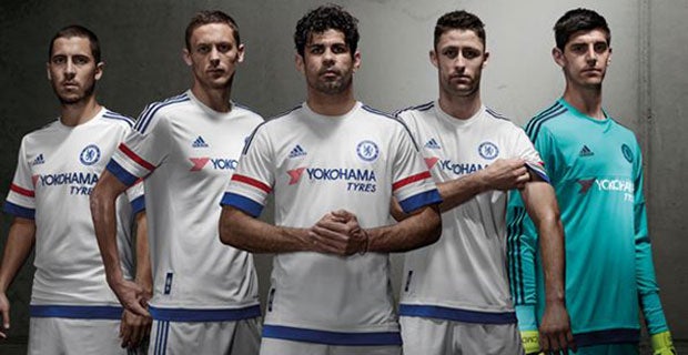 Eden Hazard, Nemanja Matic, Diego Costa, Gary Cahill and Thibaut Courtois unveil the new Chelsea shirt