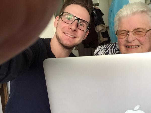 Jurriën, left, with one of the residents at the care home