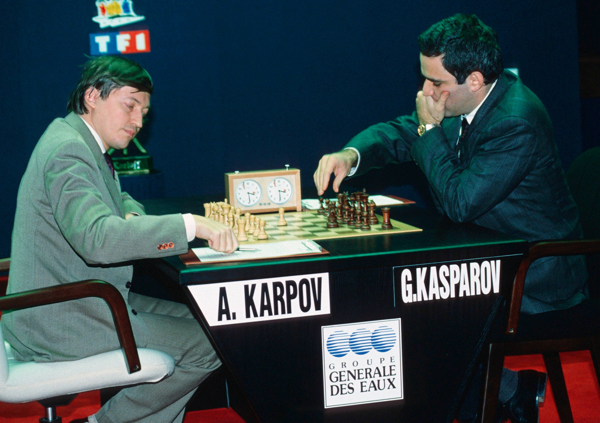 Kasparov plays Anatoli Karpov at the World Chess Championships. Kasparov was World No. 1 from 1986 to 2005.