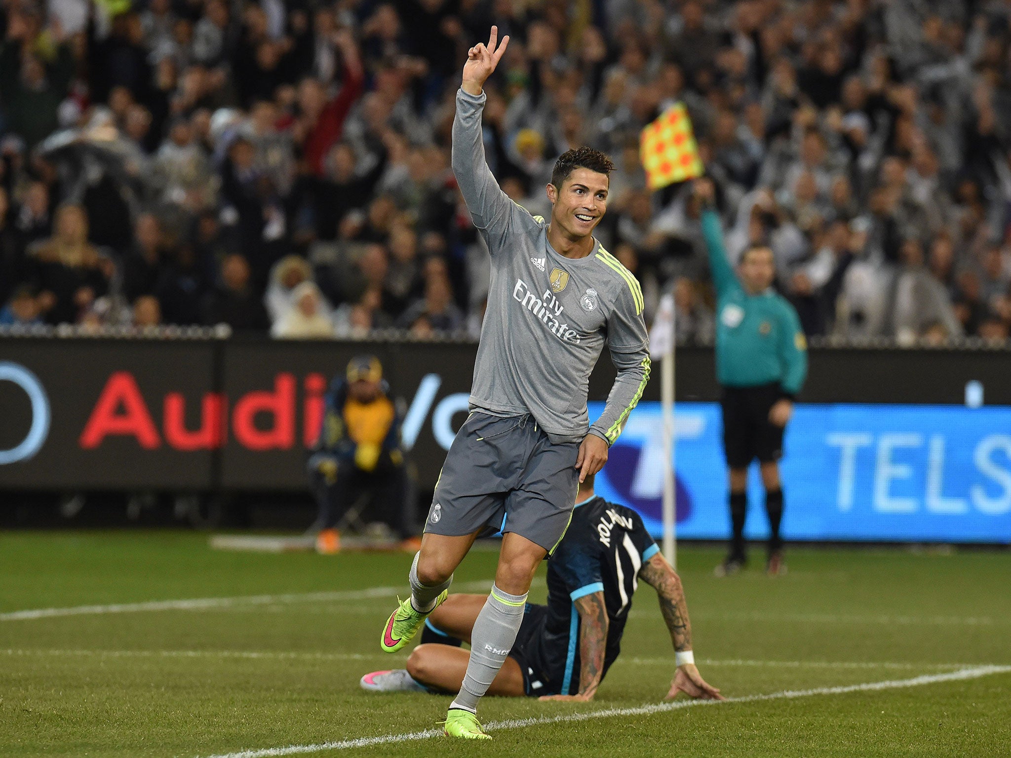 Cristiano Ronaldo celebrates scoring against Manchester City