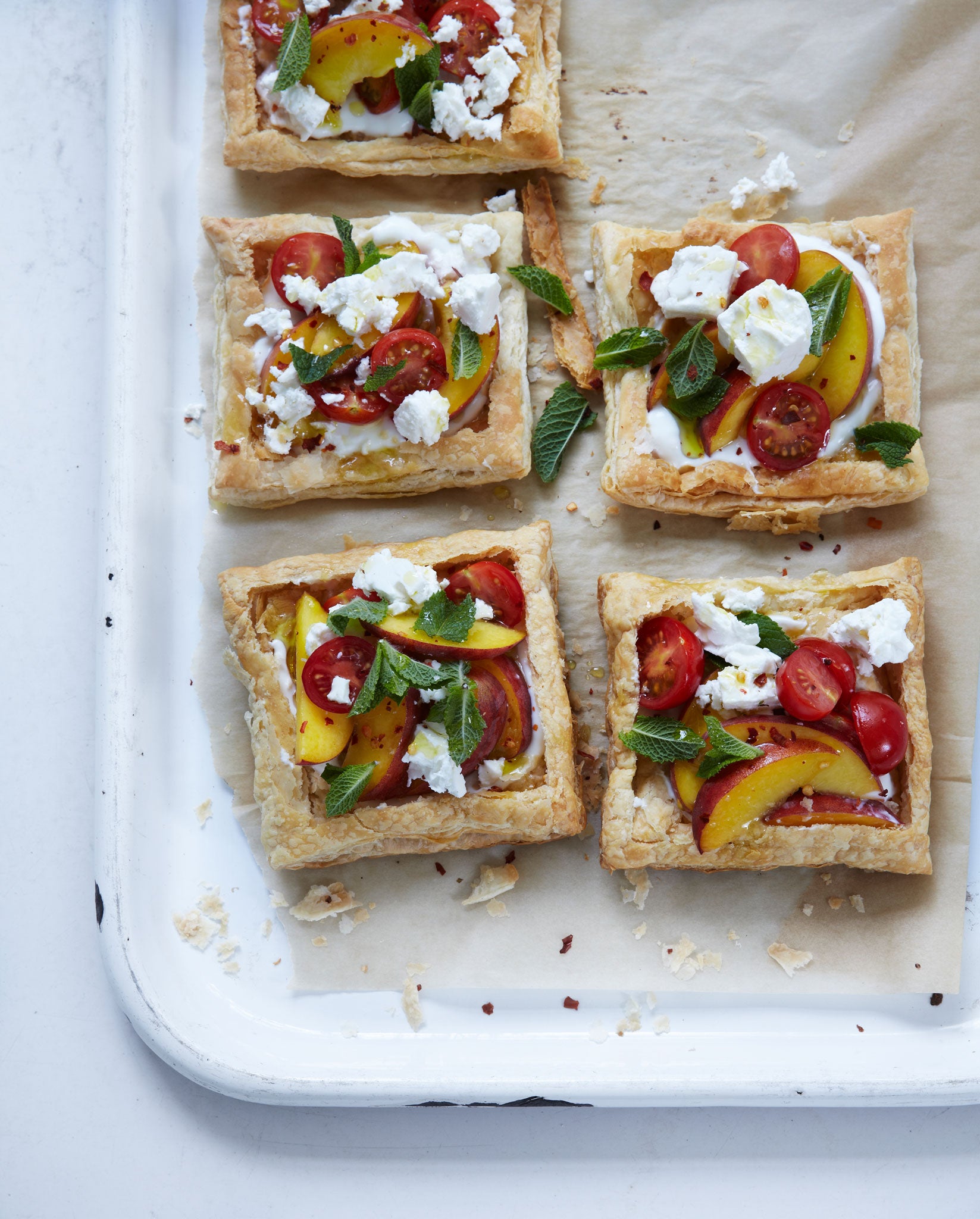 Bill's tomato, peach and feta tarts