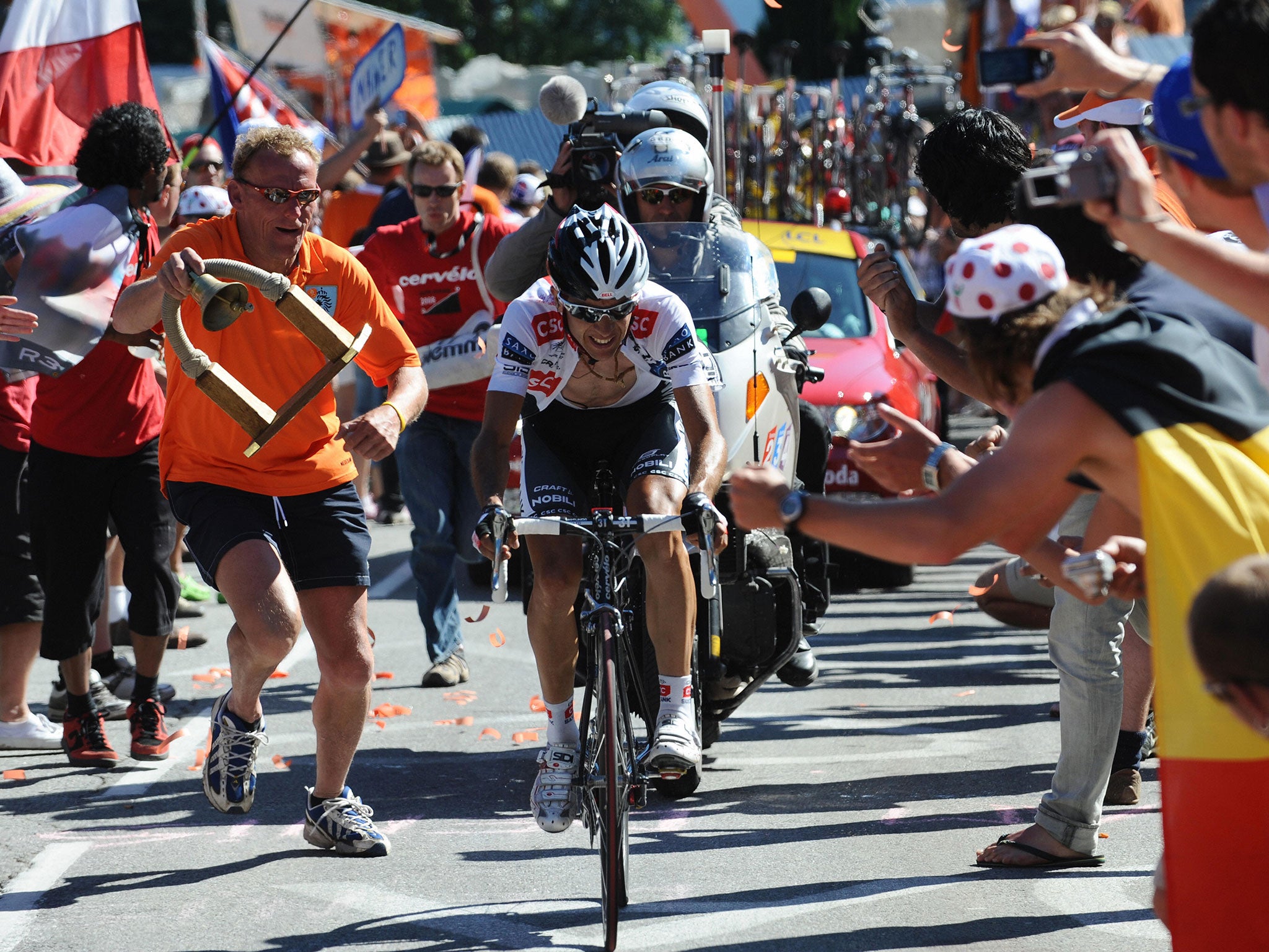 Spanish co-team leader Carlos Sastre (CSC/Den) rides in the last alone breakaway, on July 23, 2008