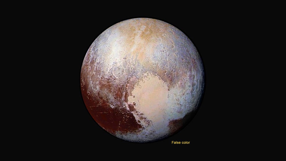 This image includes colour data from the probe's Ralph instrument, which captures the different areas on the surface of the icy planet