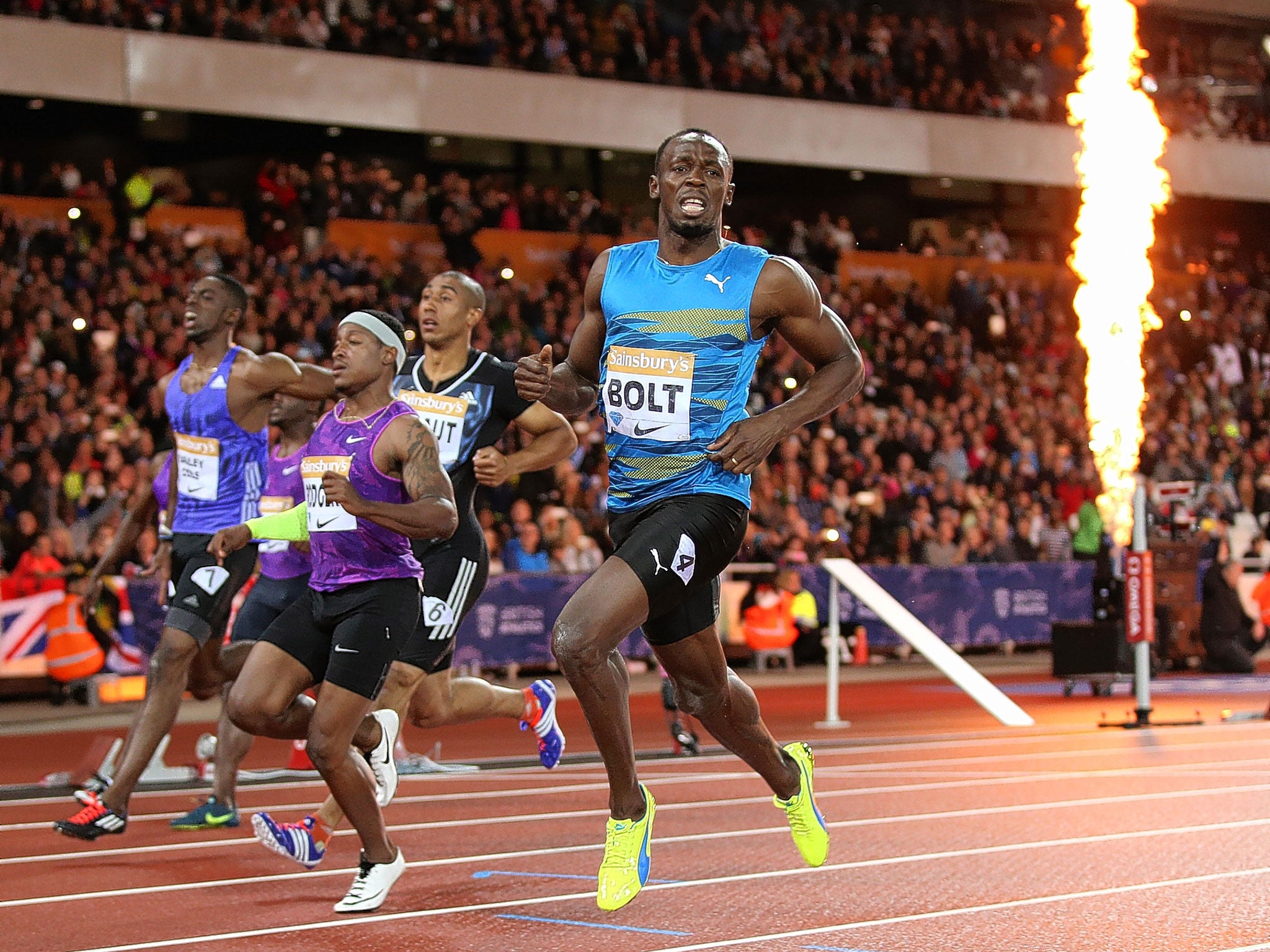 Jamaica’s Usain Bolt scorches past his rivals to win the 100m at the Olympic Stadium