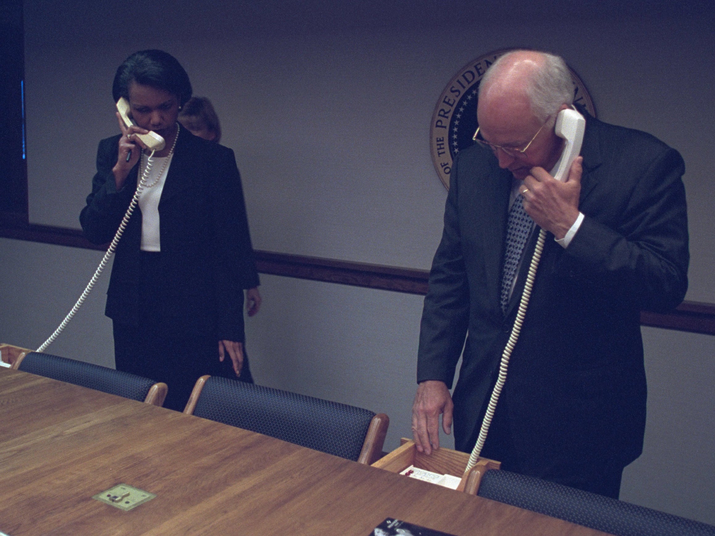 Former National Security Advisor and vice-President both make phone calls on the secure line from the White House emergency bunker