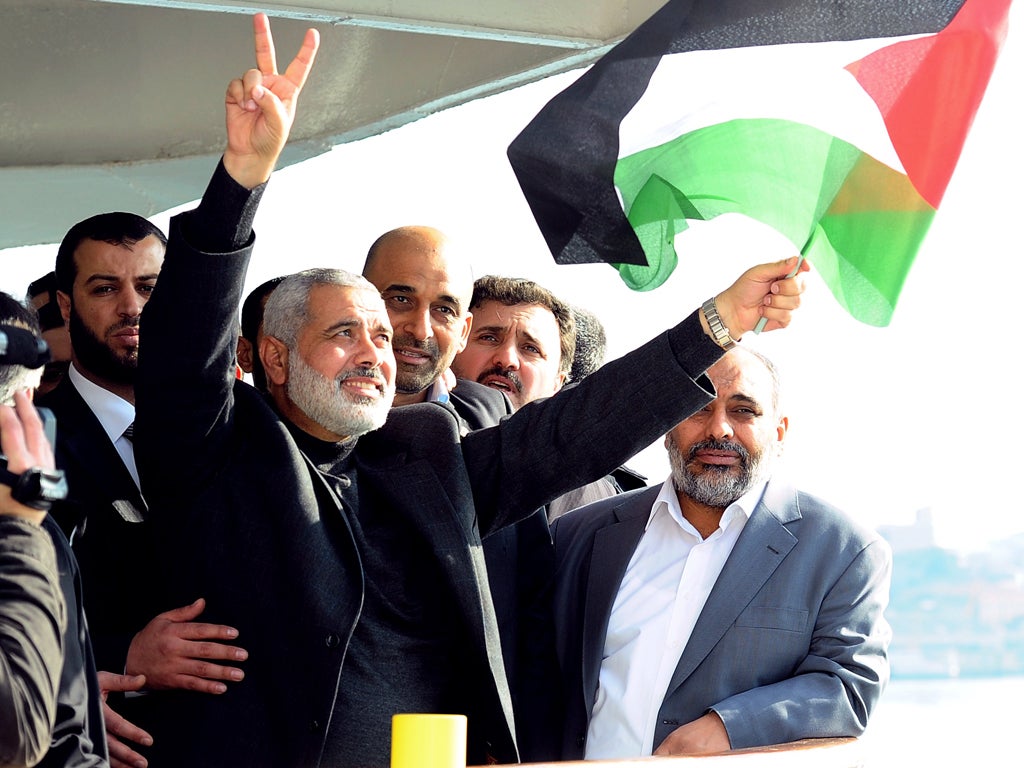 Hamas chief Ismail Haniyeh on board the Mavi Marmara in Istanbul in 2012