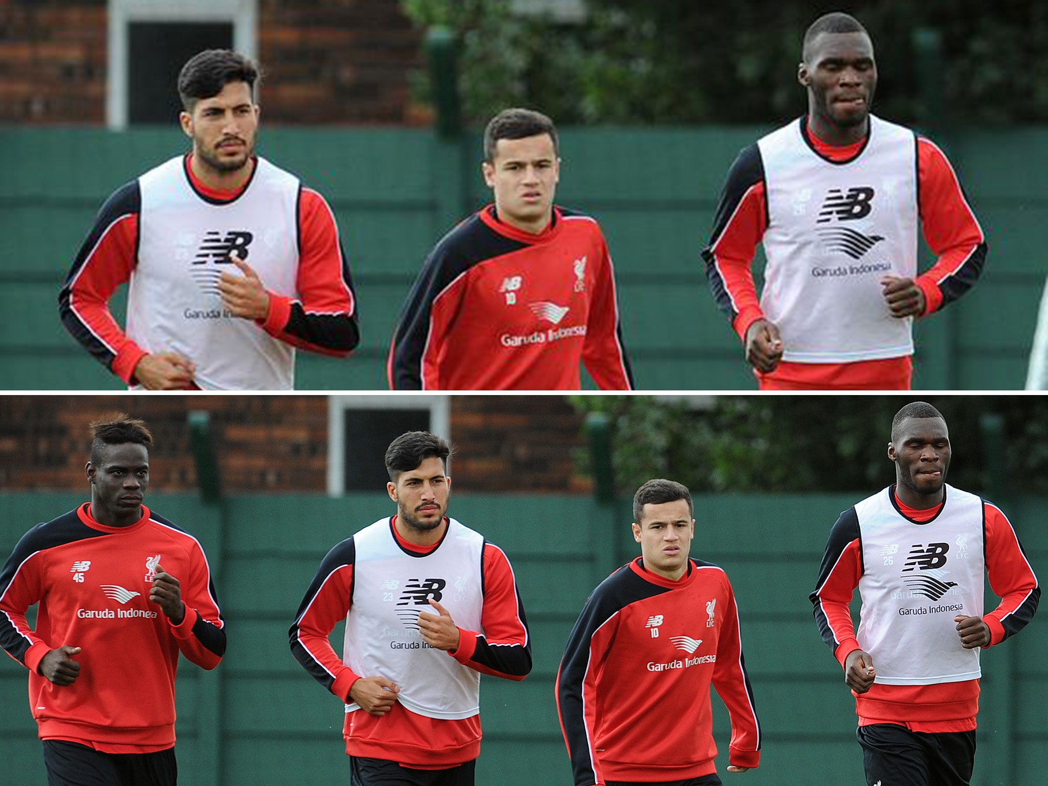 Before and after: Liverpool posted a picture (top) that clearly cropped out Balotelli (bottom)