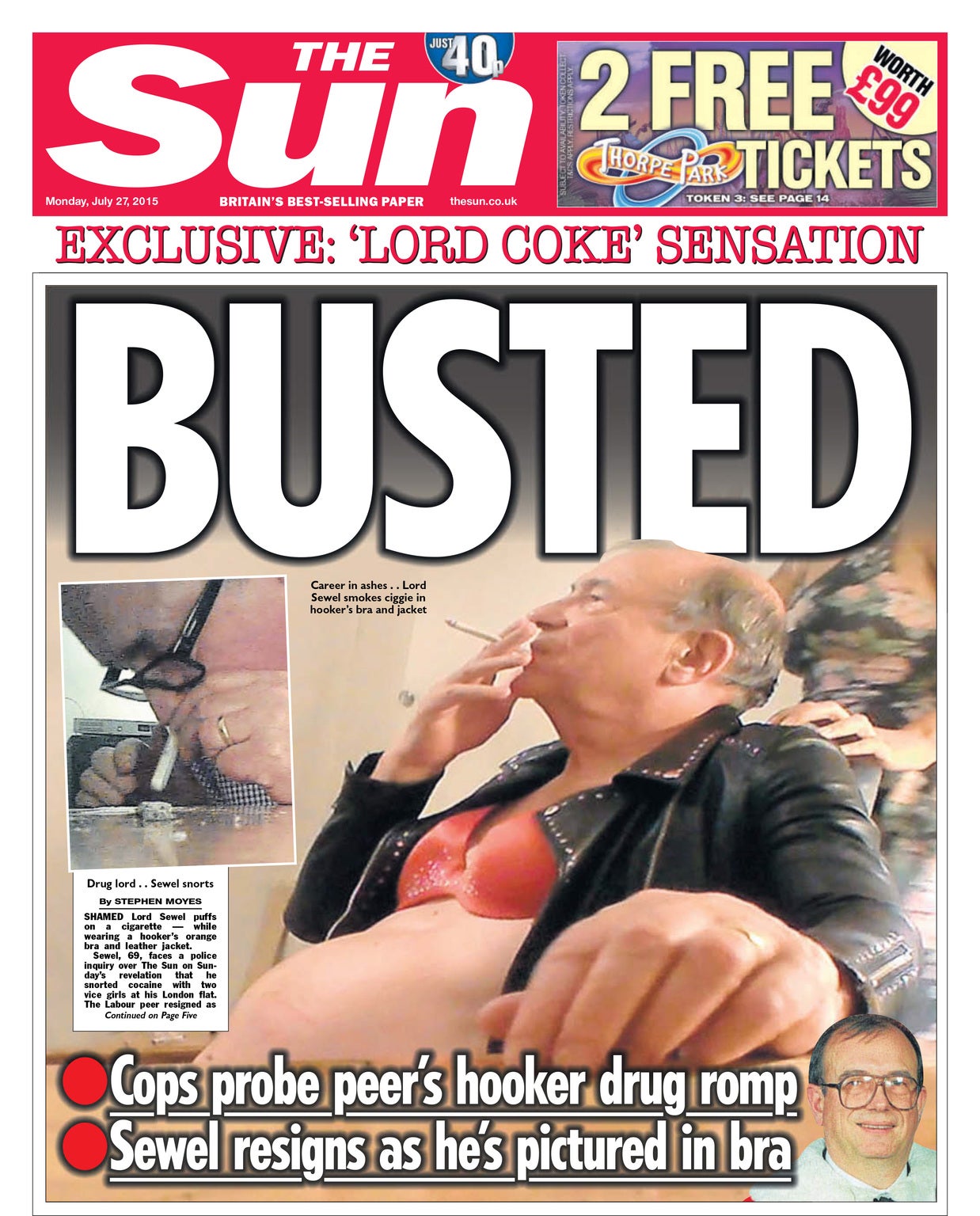 Further pictures were published by the Sun on Monday showing Lord Sewel in an orange bra and leather jacket