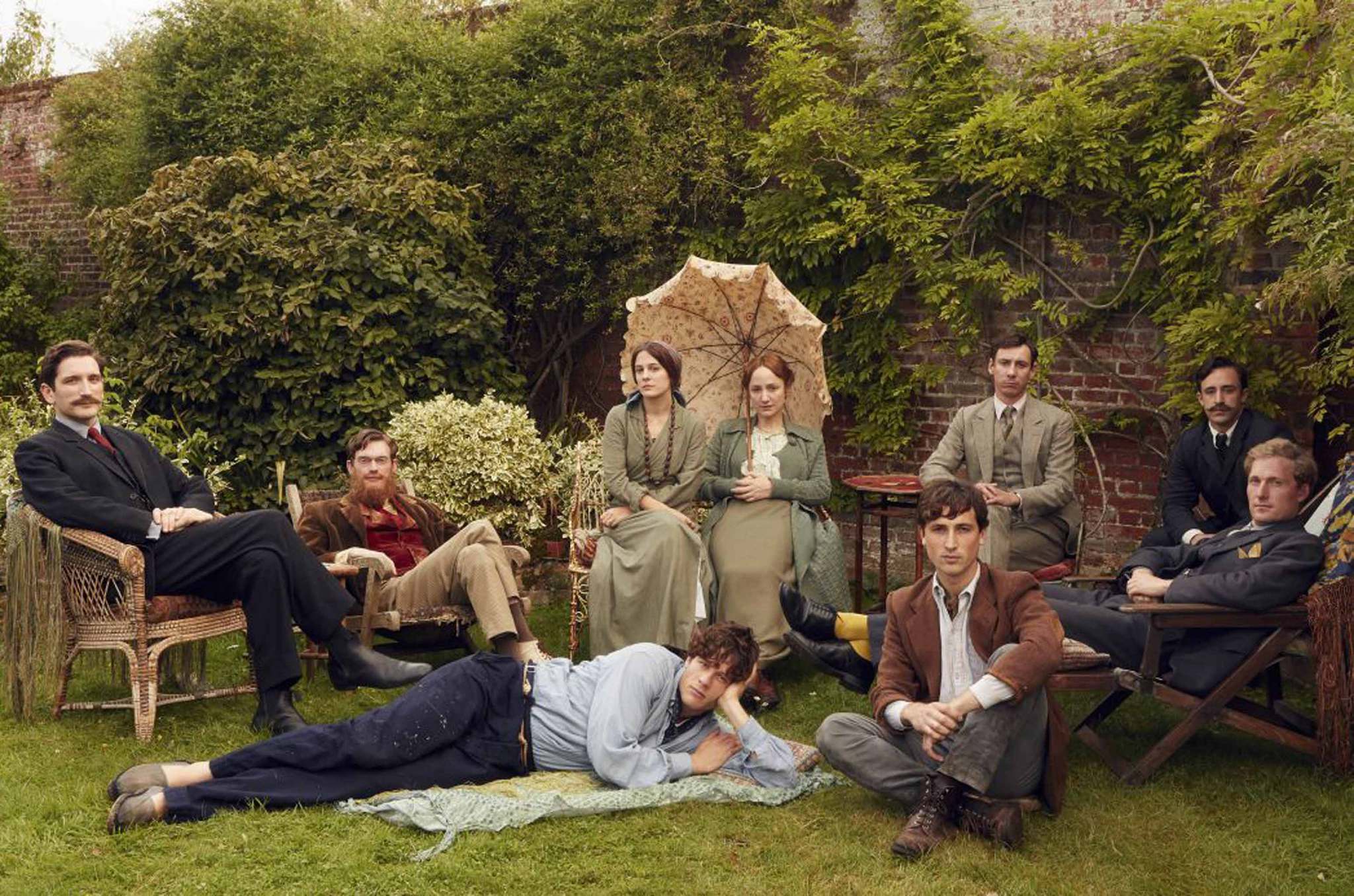 Set piece: (from left) John Maynard Keynes (Edmund Kingsley), Lytton Strachey (Ed Birch), Vanessa Bell (Phoebe Fox), Duncan Grant (James Norton), Virginia Woolf (Lydia Leonard), David ‘Bunny’ Garnett (Ben Lloyd Hughes), Leonard Woolf (Al Weaver), a suppor