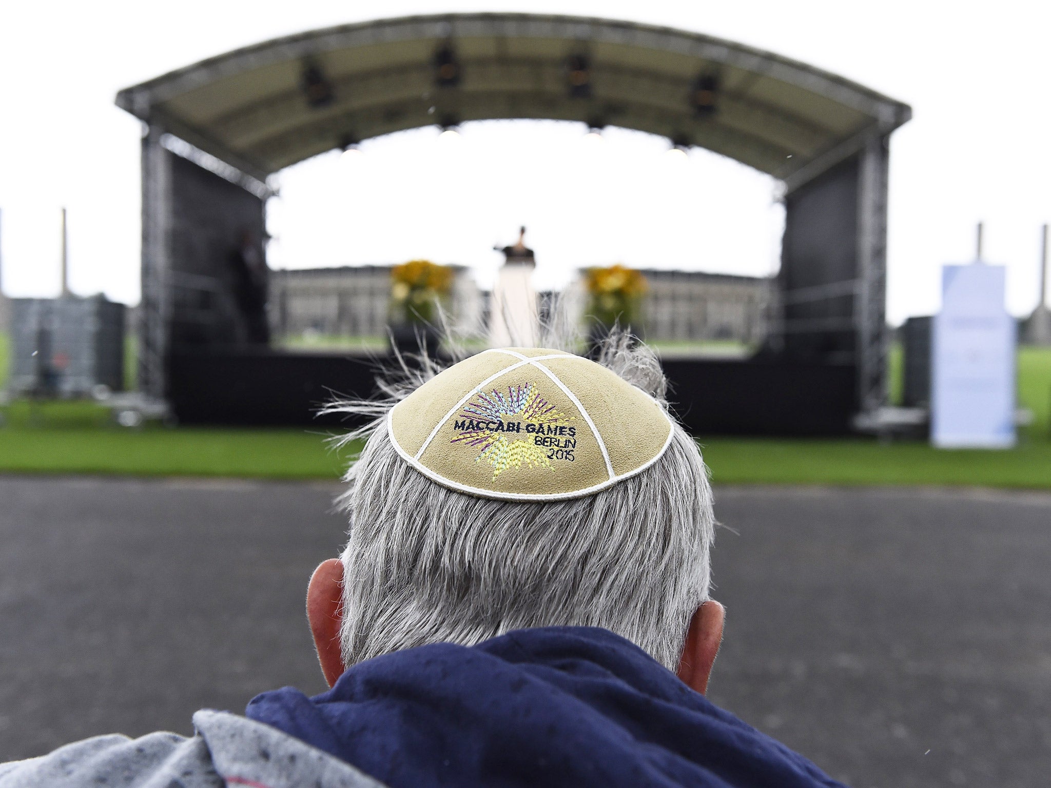 A man wears a Kippa at the so-called 'Maifeld', a place used by Nazis for mass rallies (Getty)