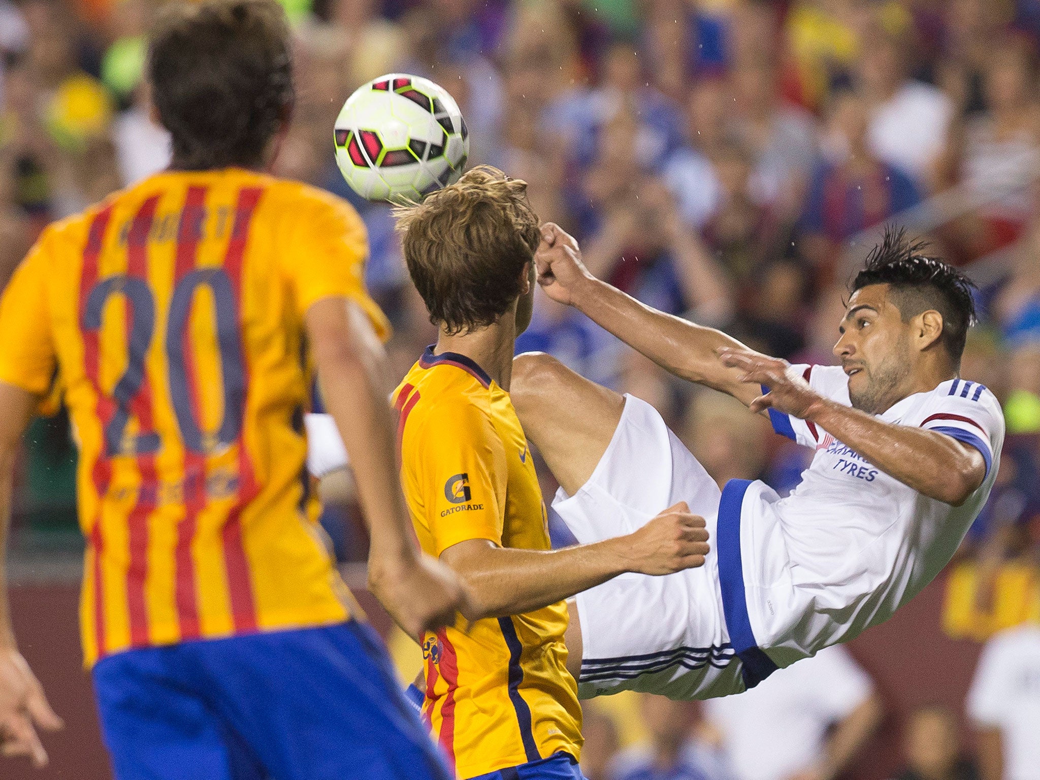 Radamel Falcao volleys an effort goalwards