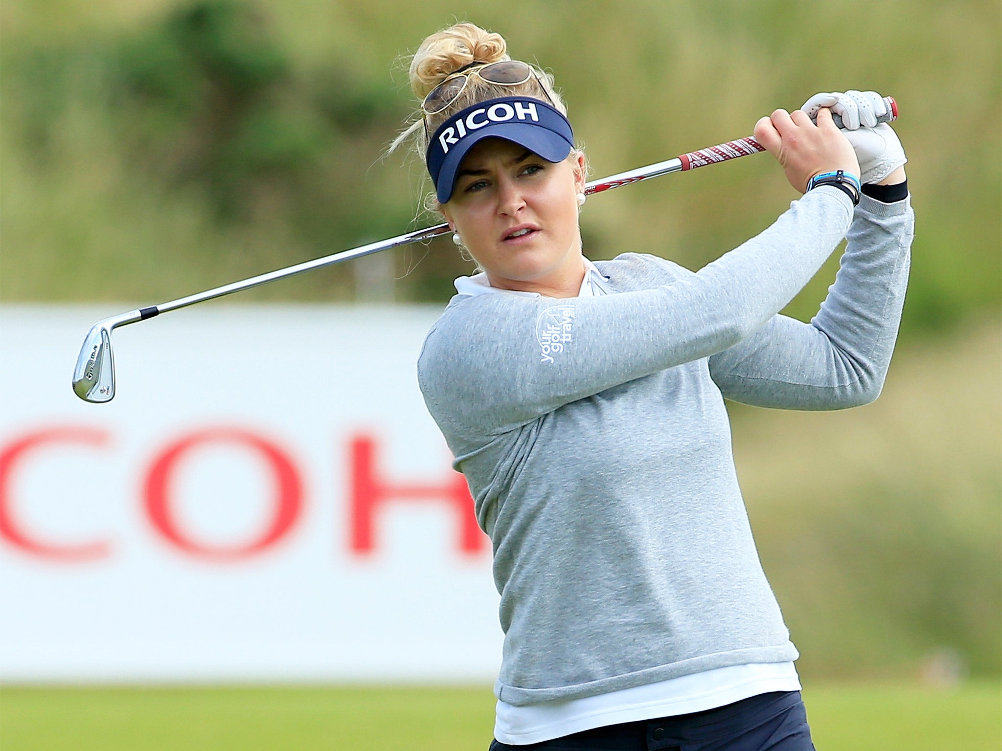 Charley Hull watches an iron shot during her final practice round at Turnberry