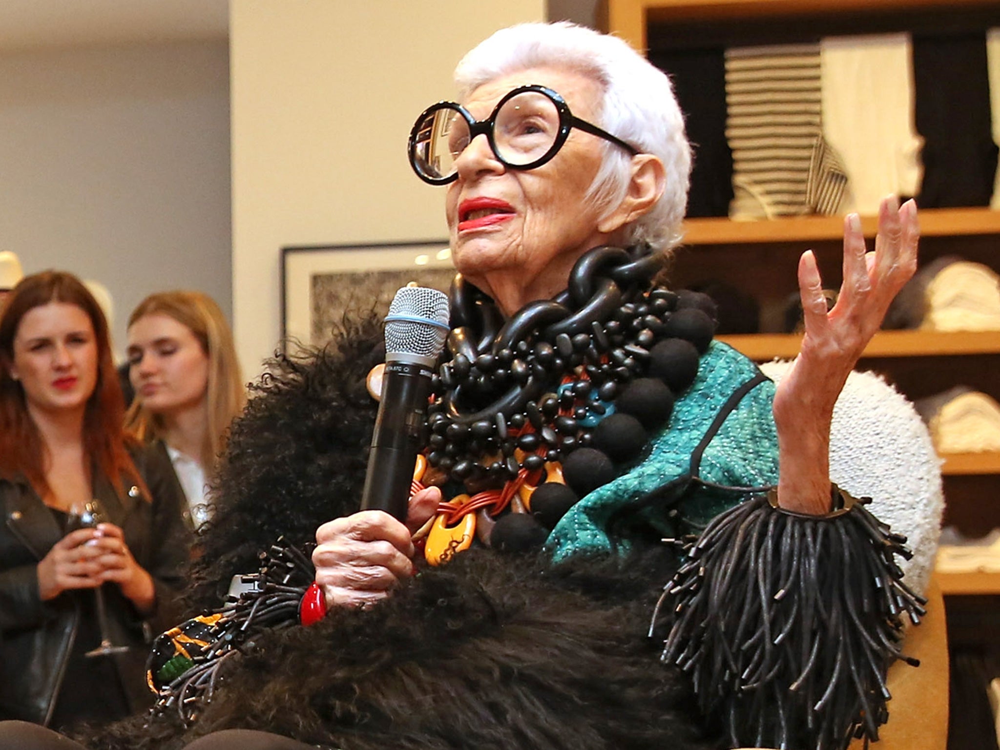 Iris Apfel at J Crew's shop in London ahead of the release of her documentary