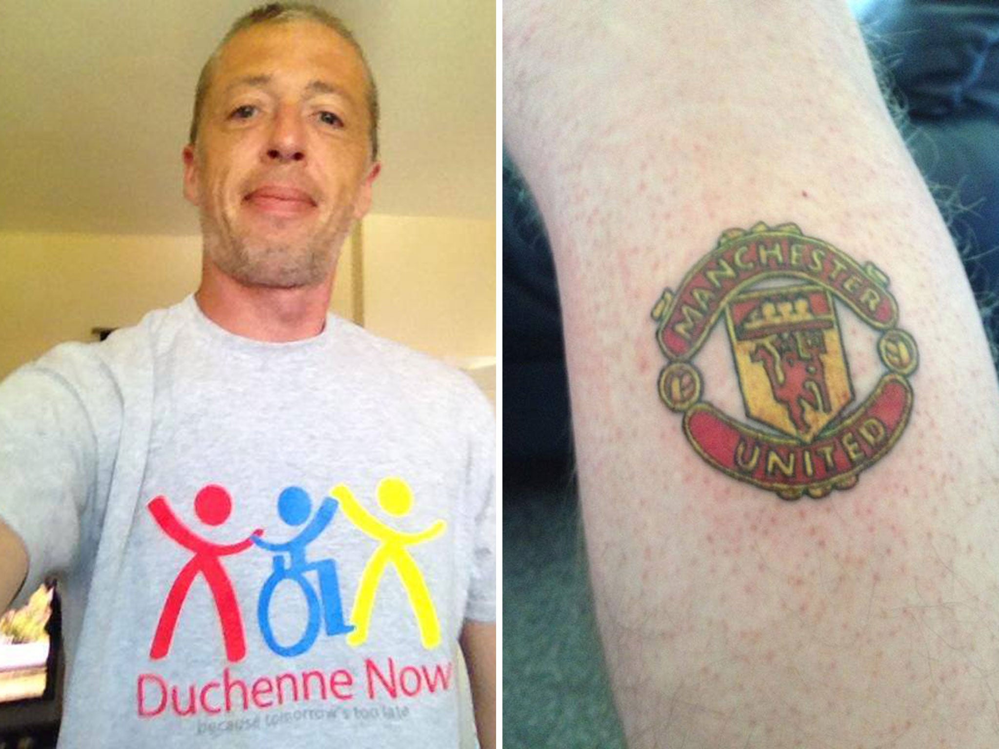 Manchester City fan Mark Pinder has had a tattoo done of United's badge after raising money for his sick son Kirk