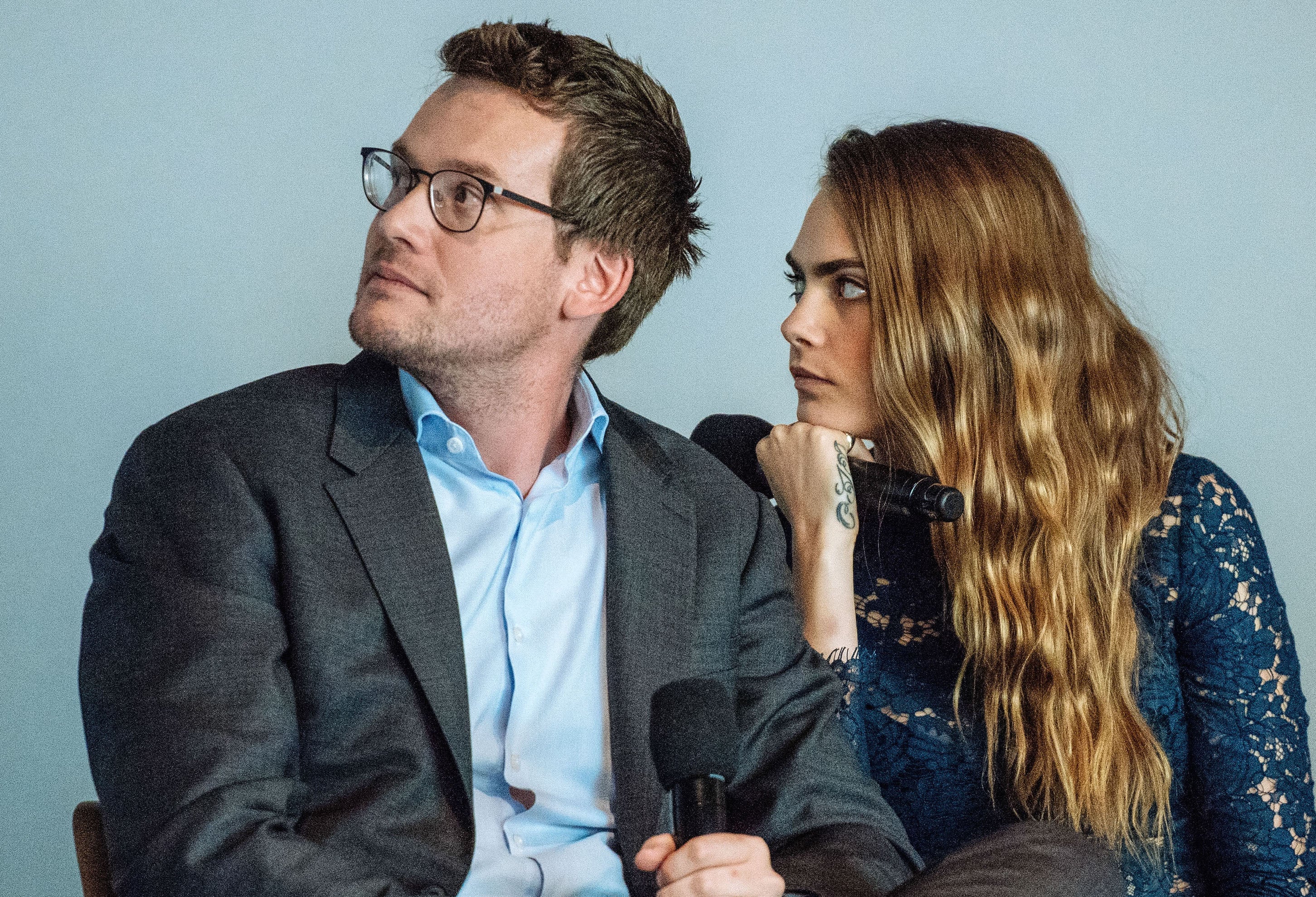 John Green and Cara Delevingne attend the Meet the Filmmaker event at the Apple Store Soho on 21 July 2015 in New York City.